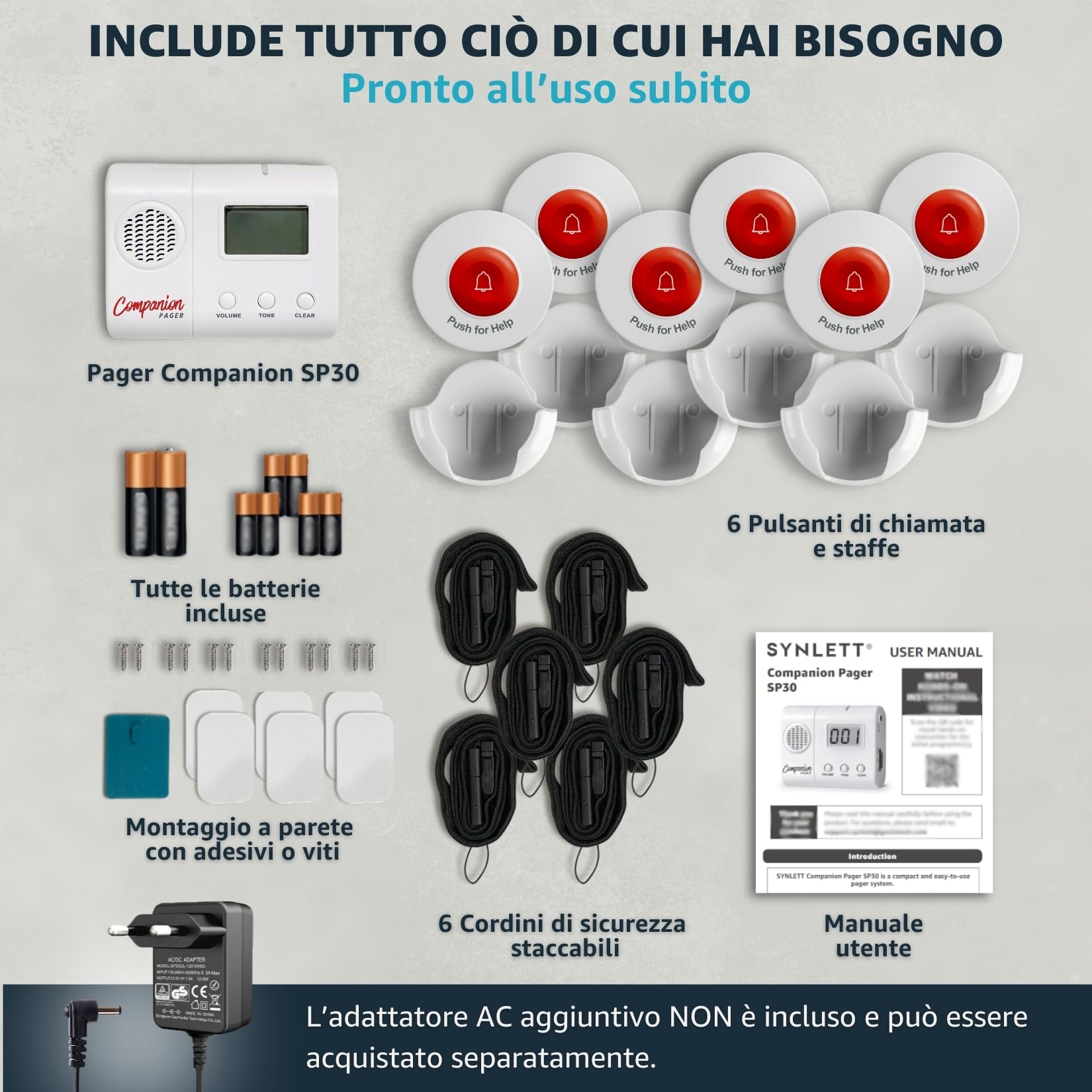 Caregiver Pager per Anziani con 6 Pulsanti SOS Sistema di Chiamata Infermieristica Wireless Allarme Portatile per Pazienti Casa Cura e Emergenze