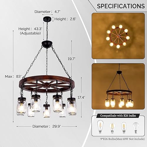 Miniatura 3 de Wellmet Candelabro de granja para comedor de 30 pulgadas, 9 luces rústicas de madera para sala de estar, accesorio colgante vintage para colgar con