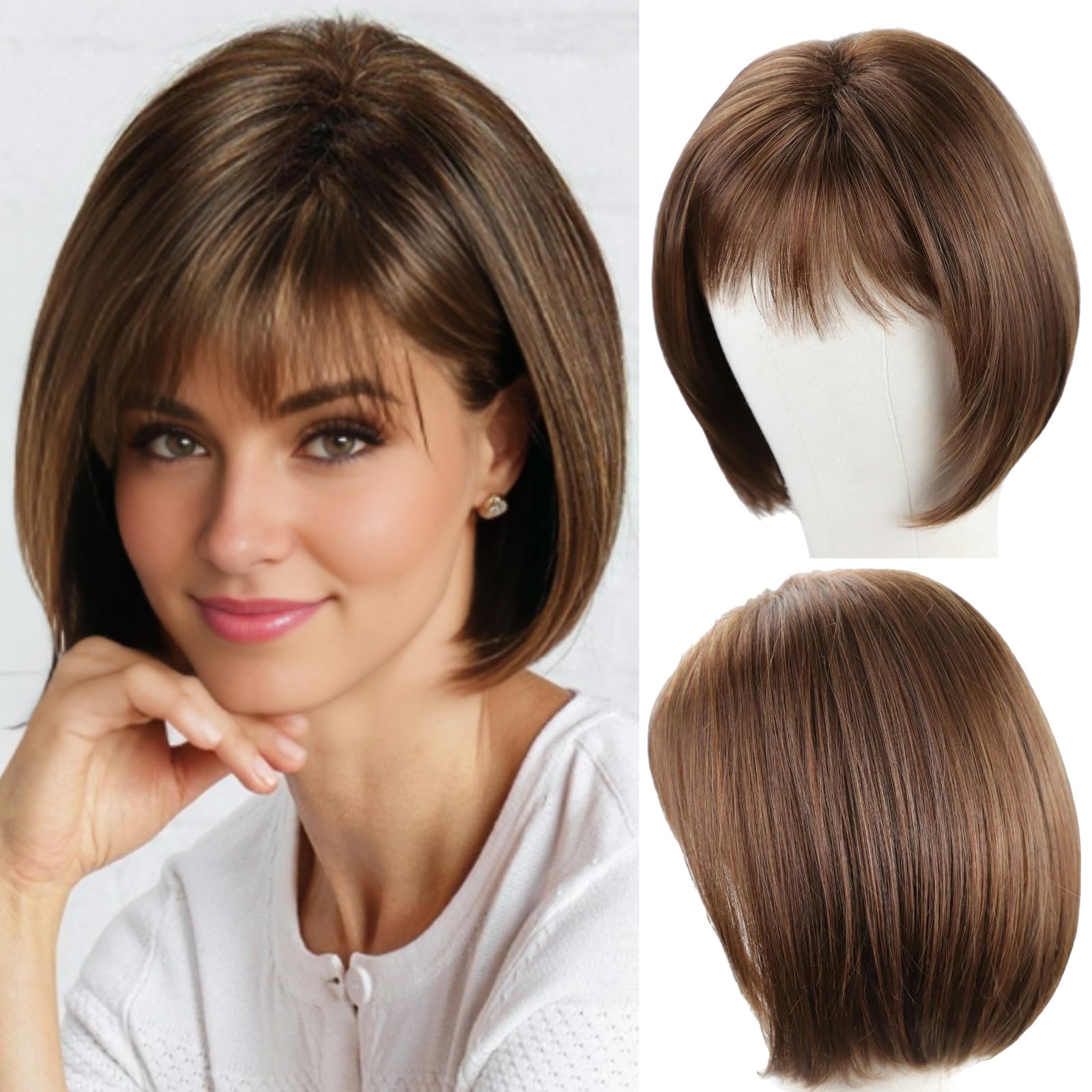 RENERSHOW Short Brown Bob Wigs for Women Brown Mixed Blonde Synthetic Wig with Bangs 10inch Average Size Natural Looking Daily Party Wig