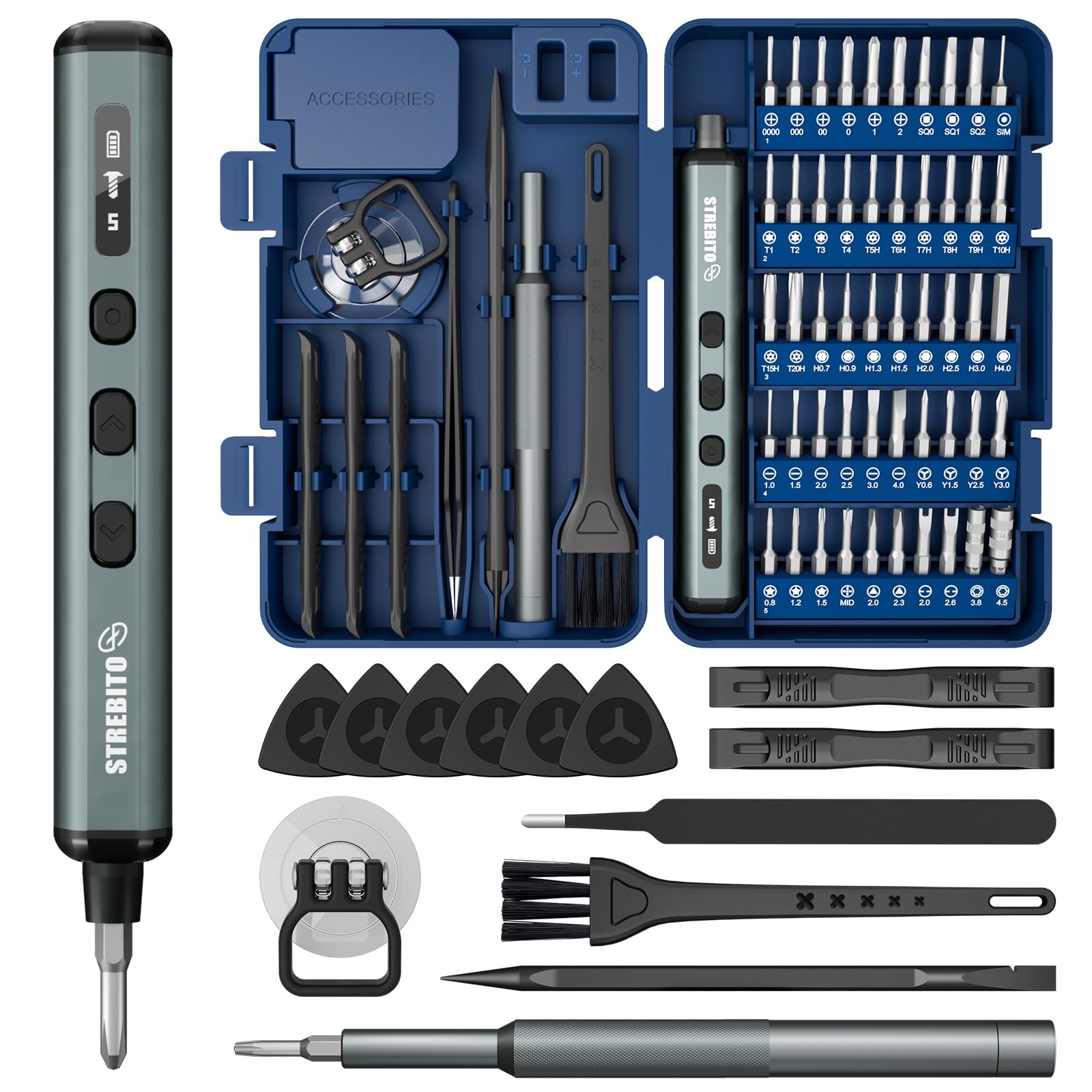 STREBITO Mini Electric Screwdriver Set, 67 in 1 Electric Precision Screwdriver - 50 S2 Magnetic Bits, 5 Torque Settings, 4 LED Lights, Electric Screwdriver Kit for PC Phone Laptop Camera Electronics