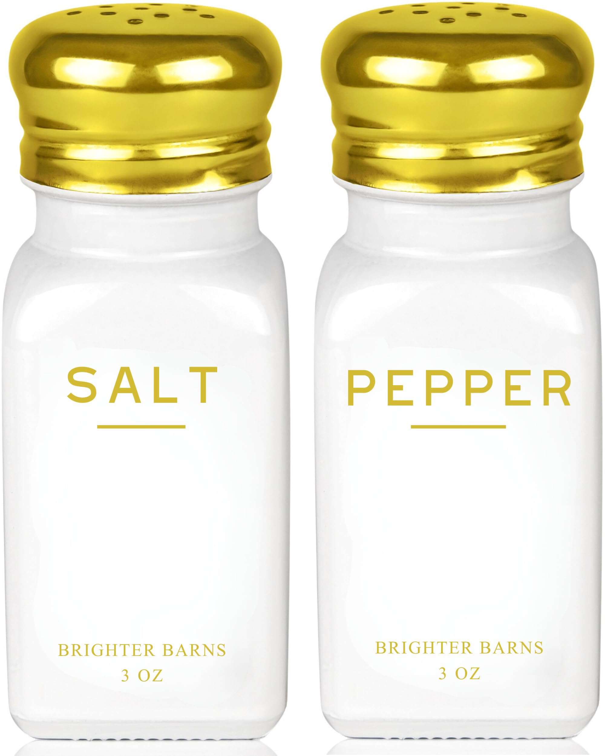 Gold Salt and Pepper Shakers Set by Brighter Barns - Modern Kitchen Decor, White and Gold Kitchen Decor & Accessories - Vintage Glass Shakers with Stainless Steel Lids for Home, Restaurant