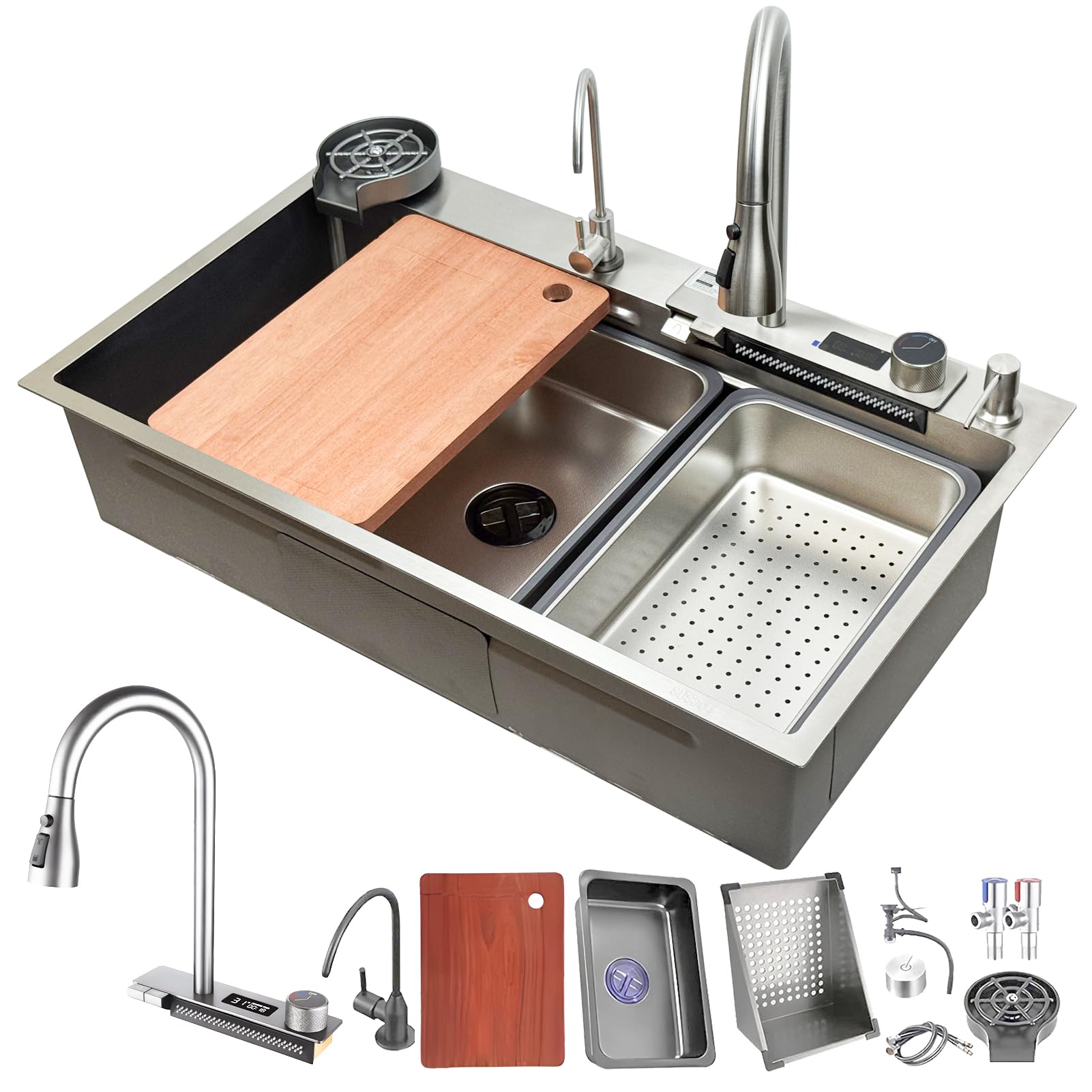 85 x 50 cm, Waterfall Sink, 1 Rectangular Basin, Brushed Stainless Steel, Large Kitchen Sink with Pull Out Tap, Siphon, Overflow and Drain
