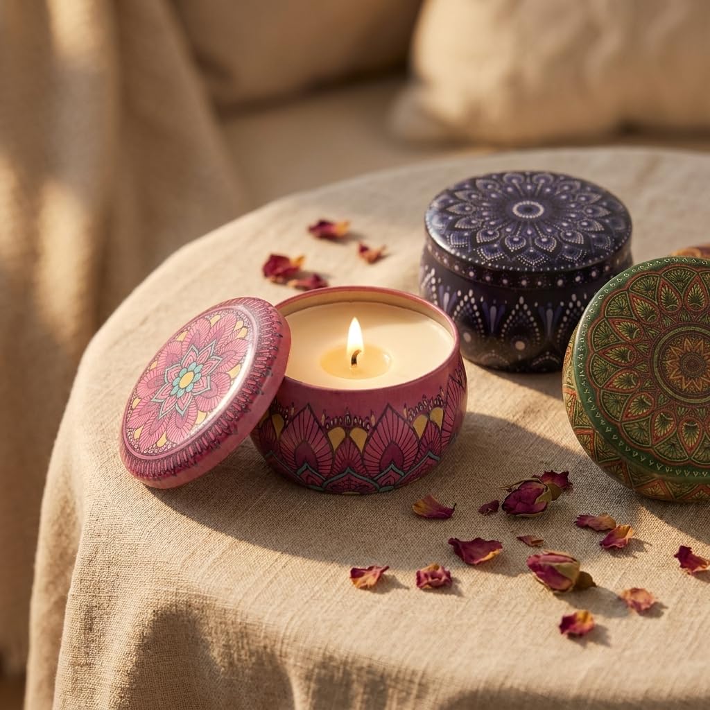 Round Mandala Print Metal Tin Box Set, 57mm x 38mm, Set of 5 | Decorative Storage Container, Handmade Boho Design, Ideal for Soy Wax Candle Making, Jewellery, Spices & Gift Packing-image-26
