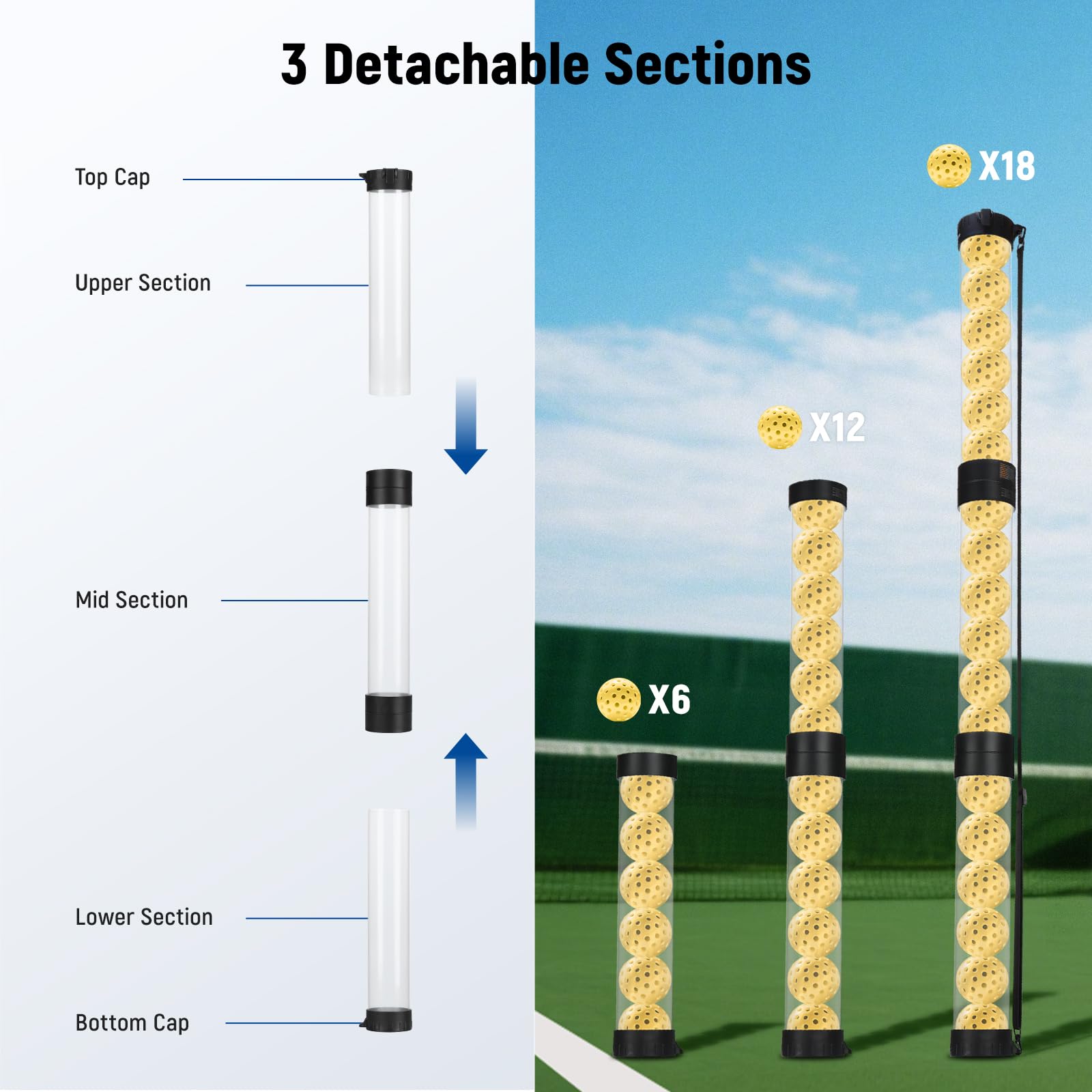 NEEWER Raccoglitore Palline Tramoggia a Tubo per 18 Pickleball e 21 Palline Tennis, Portapalle Superiore Staccabile per Ball a 3 Sezioni con Tappo, Tracolla per Raccolta Senza Chinarsi,PB01S