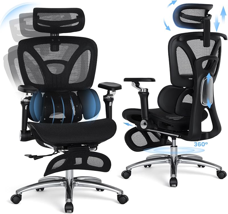 Silla de oficina ergonómica, silla de escritorio de malla con respaldo alto de 400 libras con reposabrazos 6D, reposacabezas 3D, soporte lumbar ajustable, ajuste de profundidad del asiento, bloqueo de inclinación, base de metal y ruedas de PU, color negro