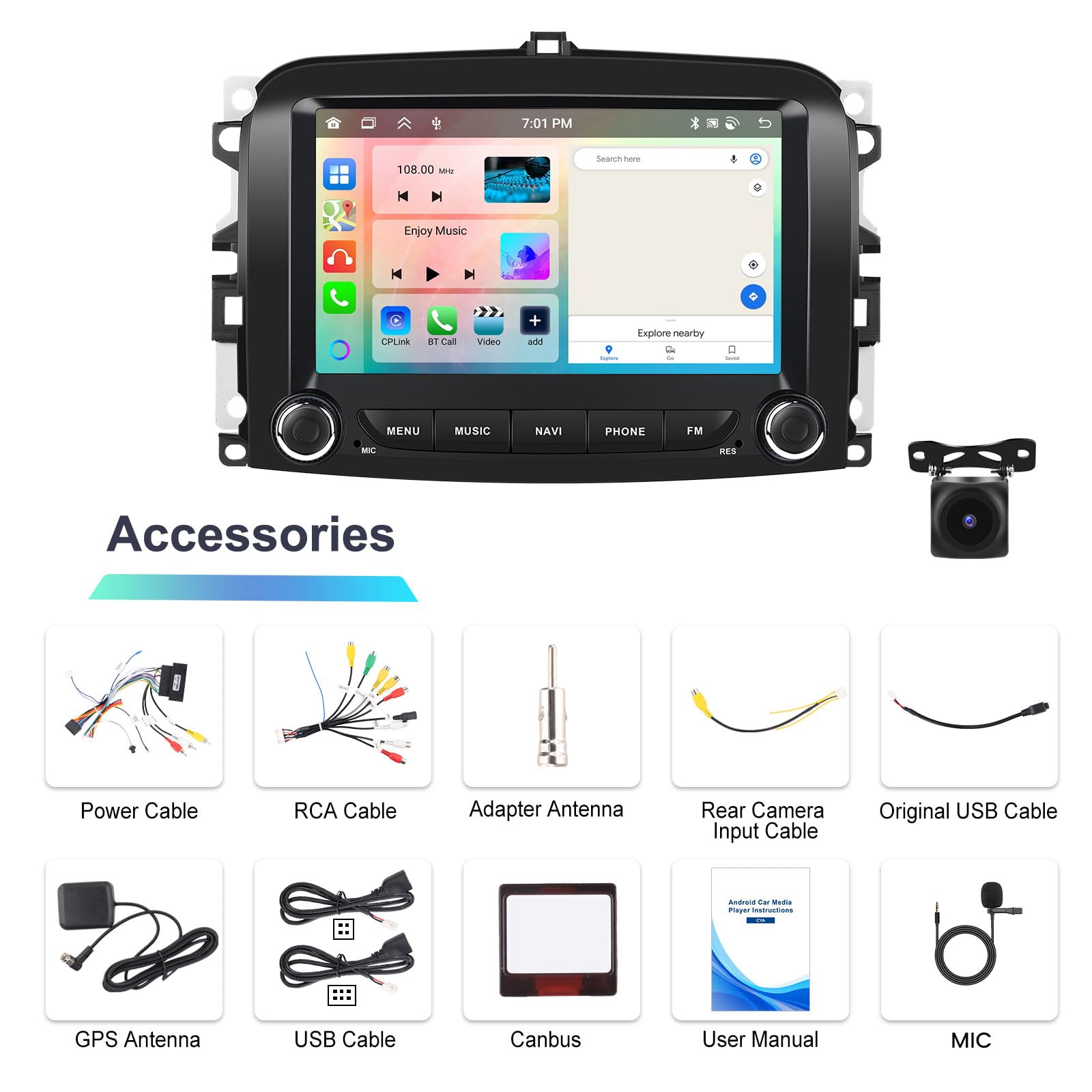 Hikity 4+64G 7" Radio Android para FIAT 500L 2012-2016 Wireless CarPlay