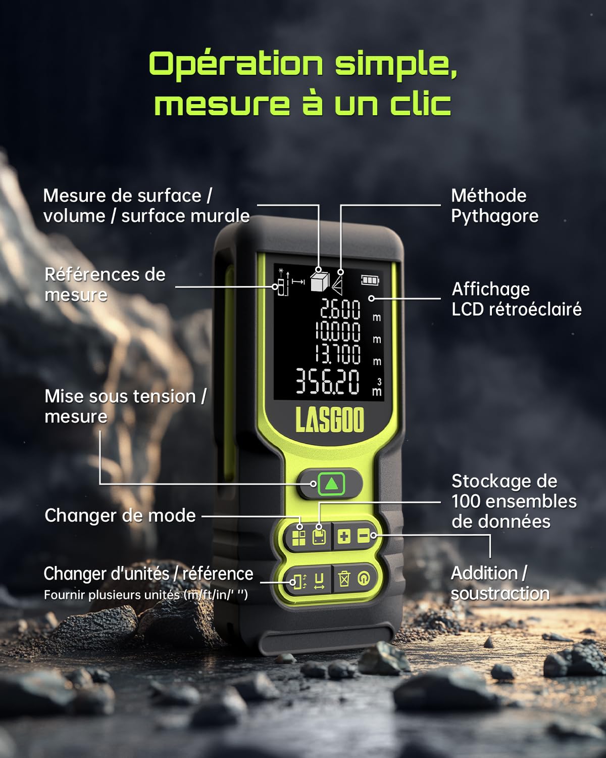 Télémètre Laser, LASGOO 60m/197ft Mètre Laser avec Unités Multiples Ft/in/M, écran LCD rétroéclairé, Mode Pythagoricien, Surface et Volume, Batterie Incluse