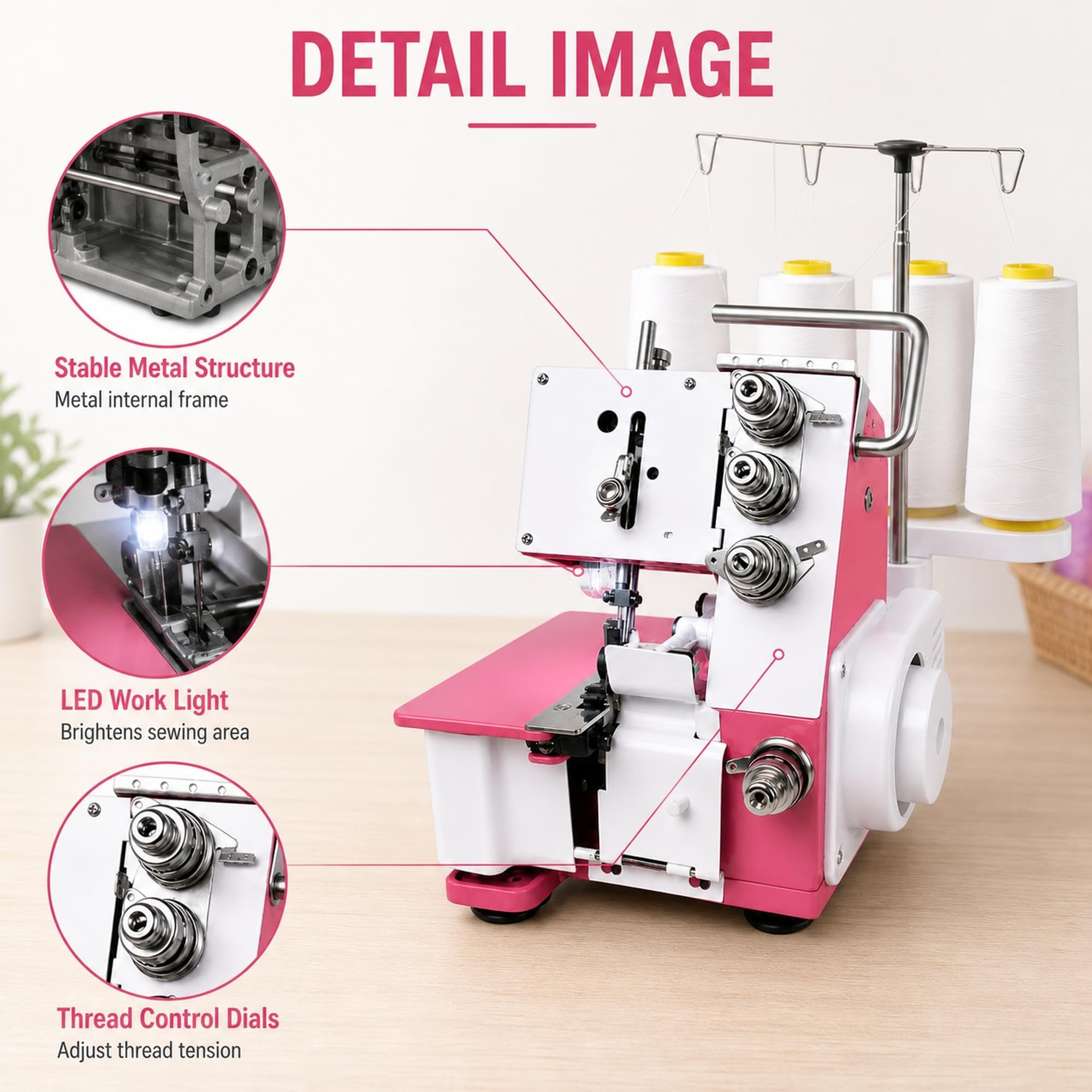 Máquina de coser Overlock Serger for bricolaje doméstico, 4 hilos