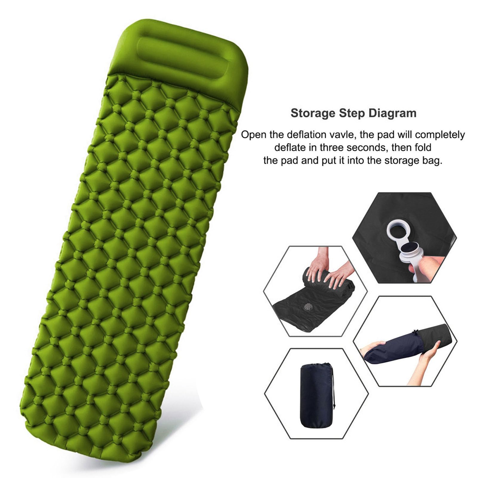 Army Green Inflatable Sleeping Pad with Built in Pillow Tear Resistant for Outdoor Camping Sleep Easy Storage (Army Green)