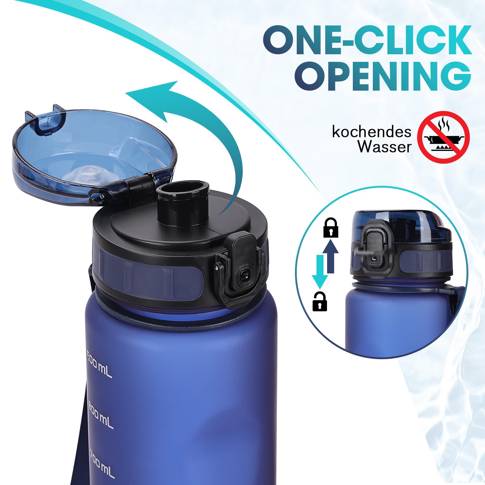 AOPREL Borraccia sportiva da 1 l, adatta agli acidi gassati, a prova di perdite, per bicicletta, senza BPA, con scala di capacità per attività all'aperto, scuola, campeggio