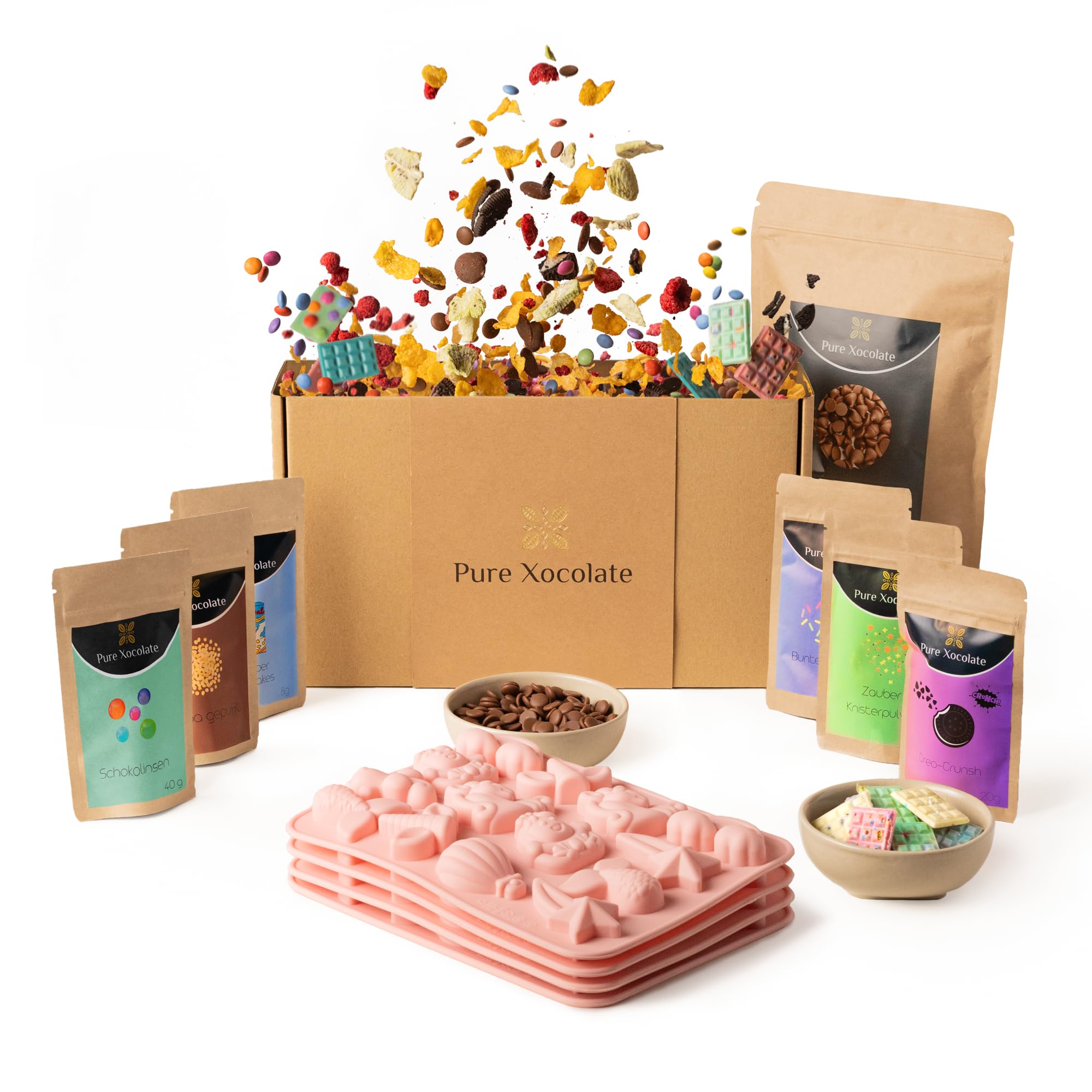 Pure Xocolate – Chocolate DIY – Kit creativo para 4 niños – Incluye 400 g de chocolate, 6 ingredientes de colores y molde de silicona – Cumpleaños infantiles en el interior – Juego de bricolaje
