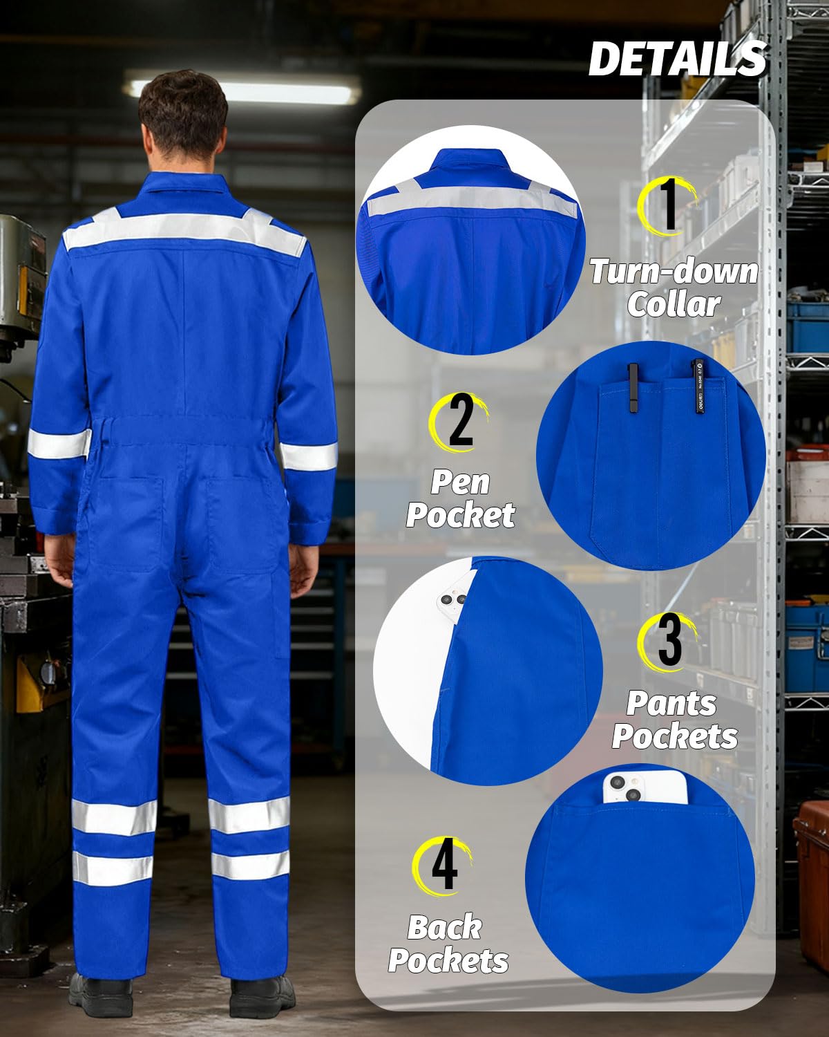 Mono de Trabajo Hombre Reflectante Ropa de Trabajo Mono Traje de Mecanico Alta visibilidad Buzo de Trabajo Pintura Mono Trabajo para Construccion, Azul real, XL