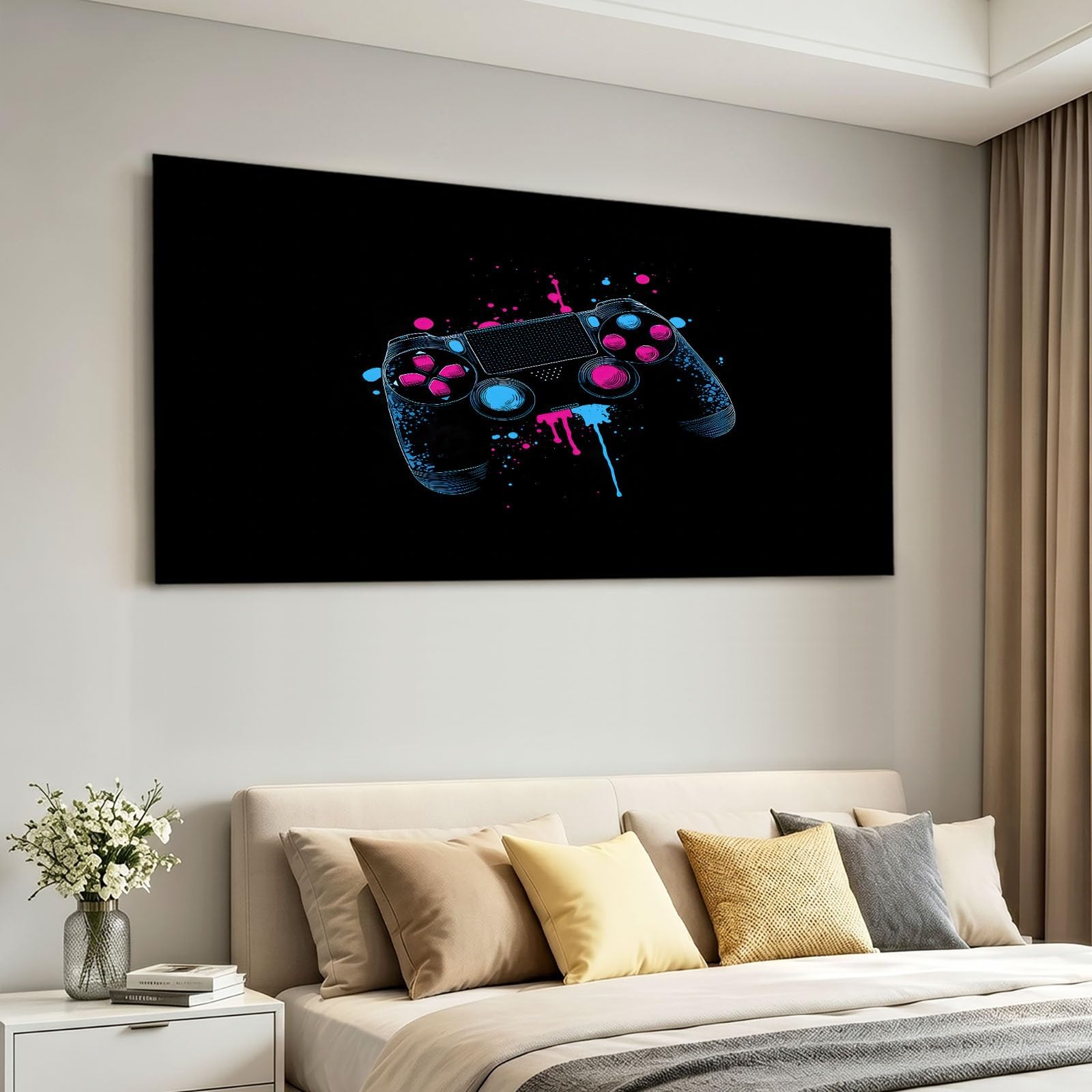 Générique Impression sur Toile Style Esport 140 x 70 cm Cadre en Bois Tableau Affiche Décoration Murale - Noir Jeu Manette pour Salon, Chambre, Couloir & Salle de Bain, Déco Maison