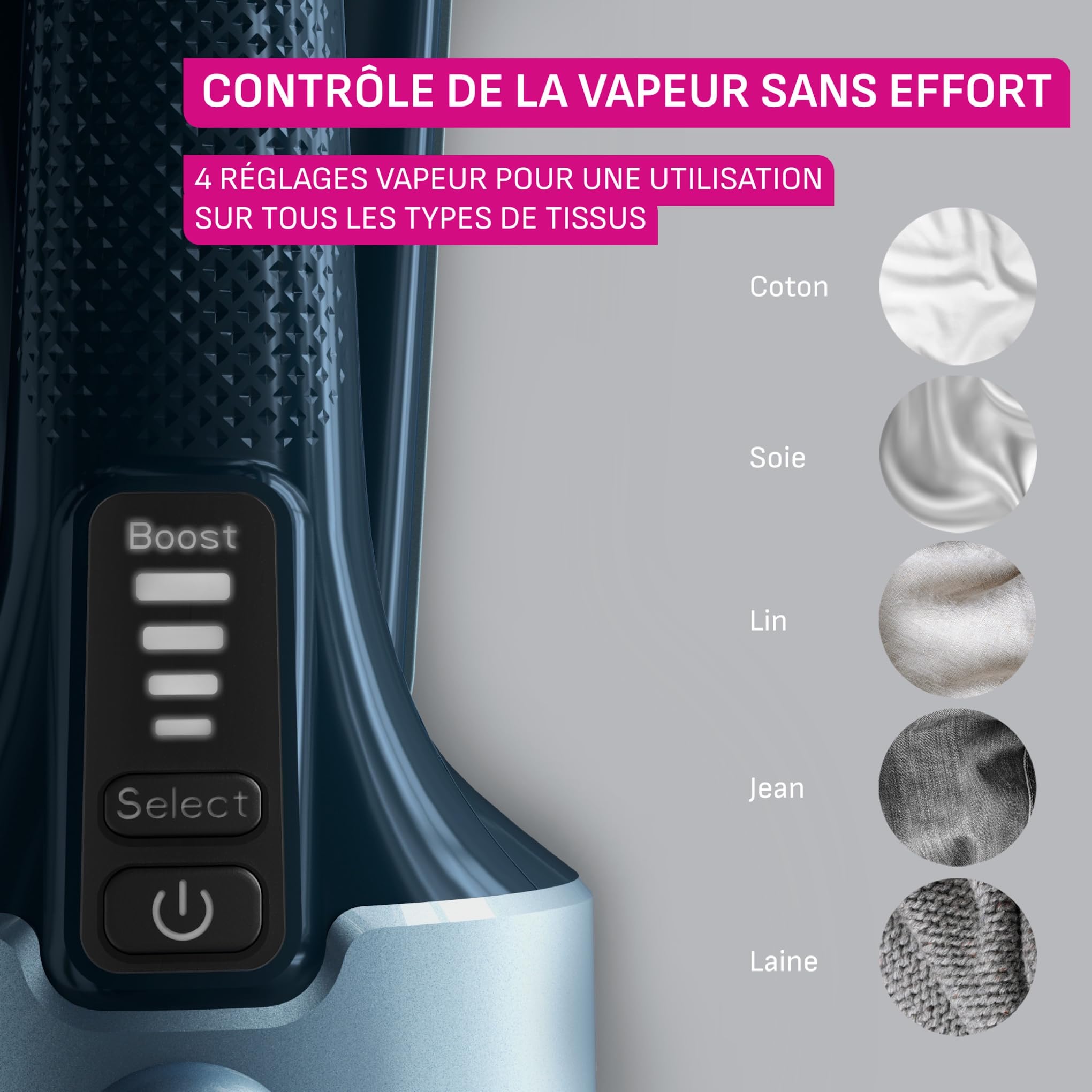 Calor Pure Force 3en1, Défroisseur à main et fer à repasser, Utilisation verticale/horizontale, Nettoie, 1800W, 35g/min, Prêt en 25s, DT8755C0, Bleu Métallisé