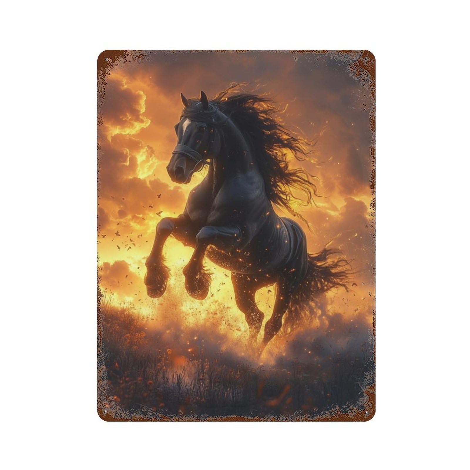 Retro Metal Sign with Black Horse Fire Sunset Design 15.7"x11.8", for Living Room, Hallway And Home Decor, Farmhouse Wall Decor