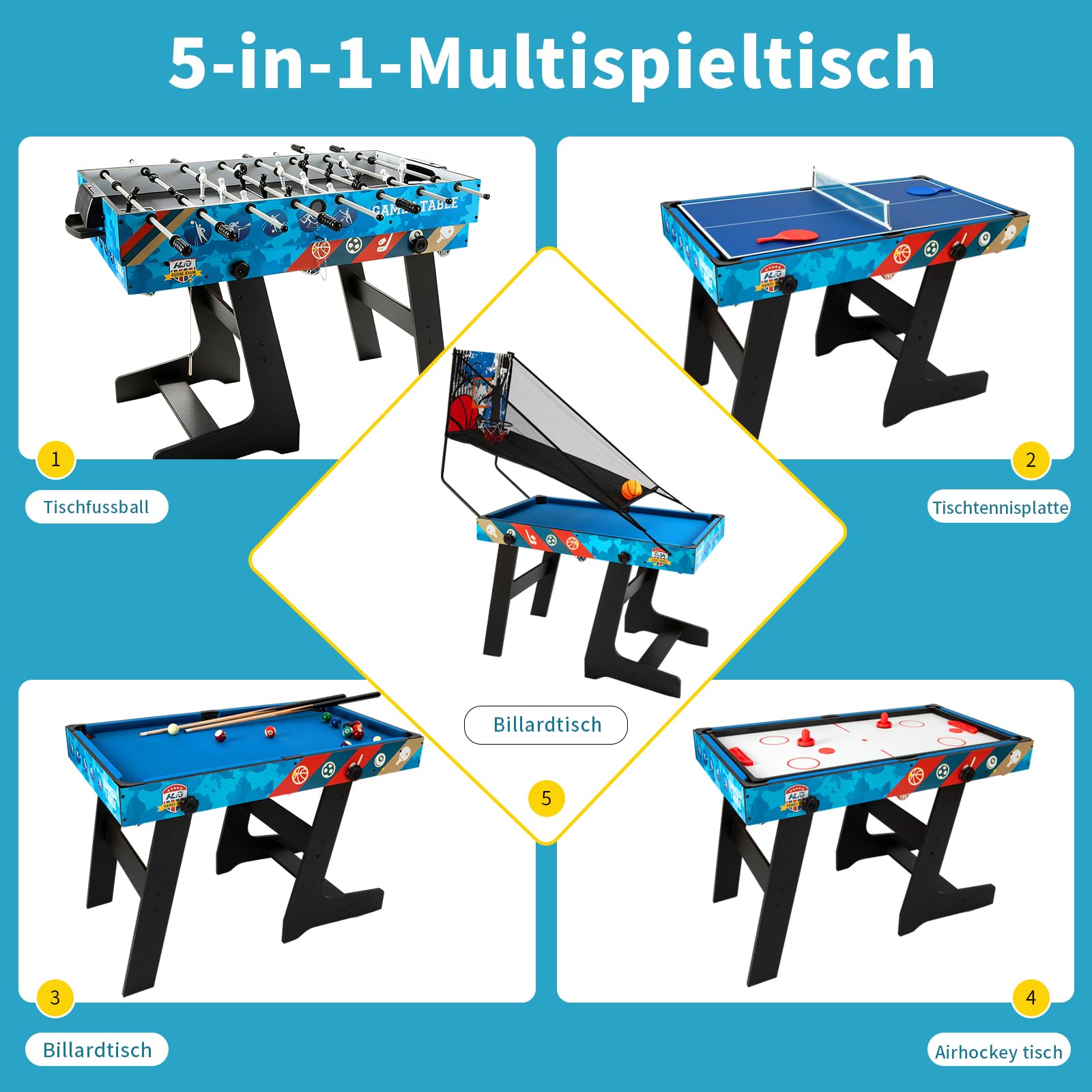 hotsizz 5-in-1 Faltbar multifunktionstisch,Tischfussball/Billardtisch/Tischtennisplatte/Airhockey Tisch/Basketballkorb, EIN Spieltisch, der für Erwachsene und Kinder geeignet ist