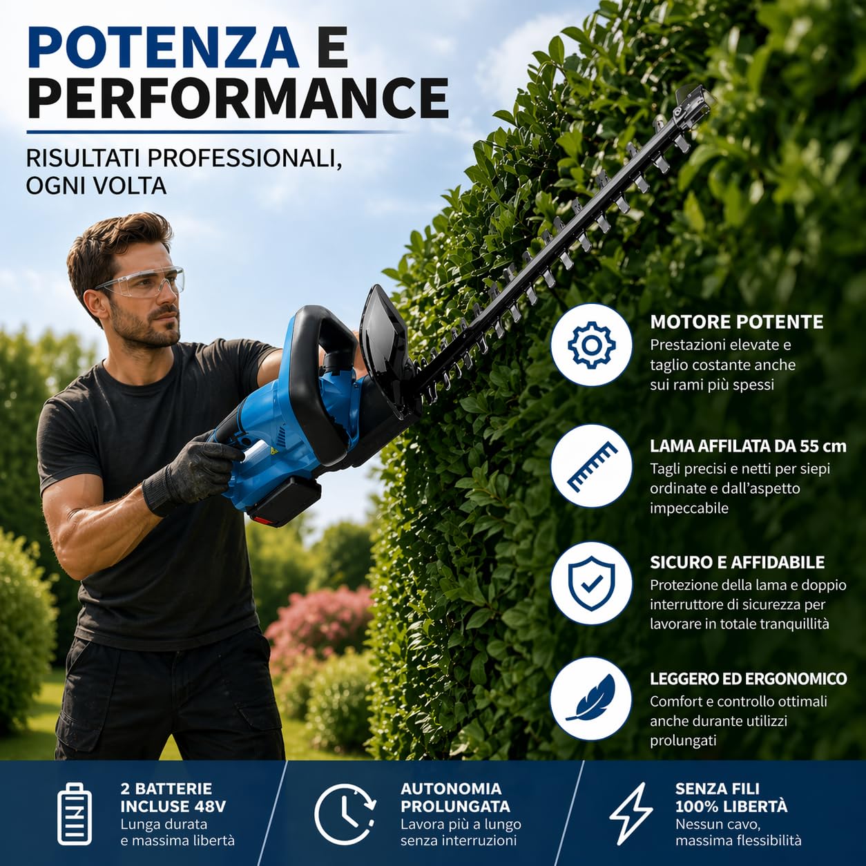 Tagliasiepi a Batteria 48V, Senza Fili, Lama 55cm, 2 Batterie Incluse, Autonomia Fino a 60 Minuti, Tagliasiepi Elettrico Potente e Leggero per Giardino e Siepi