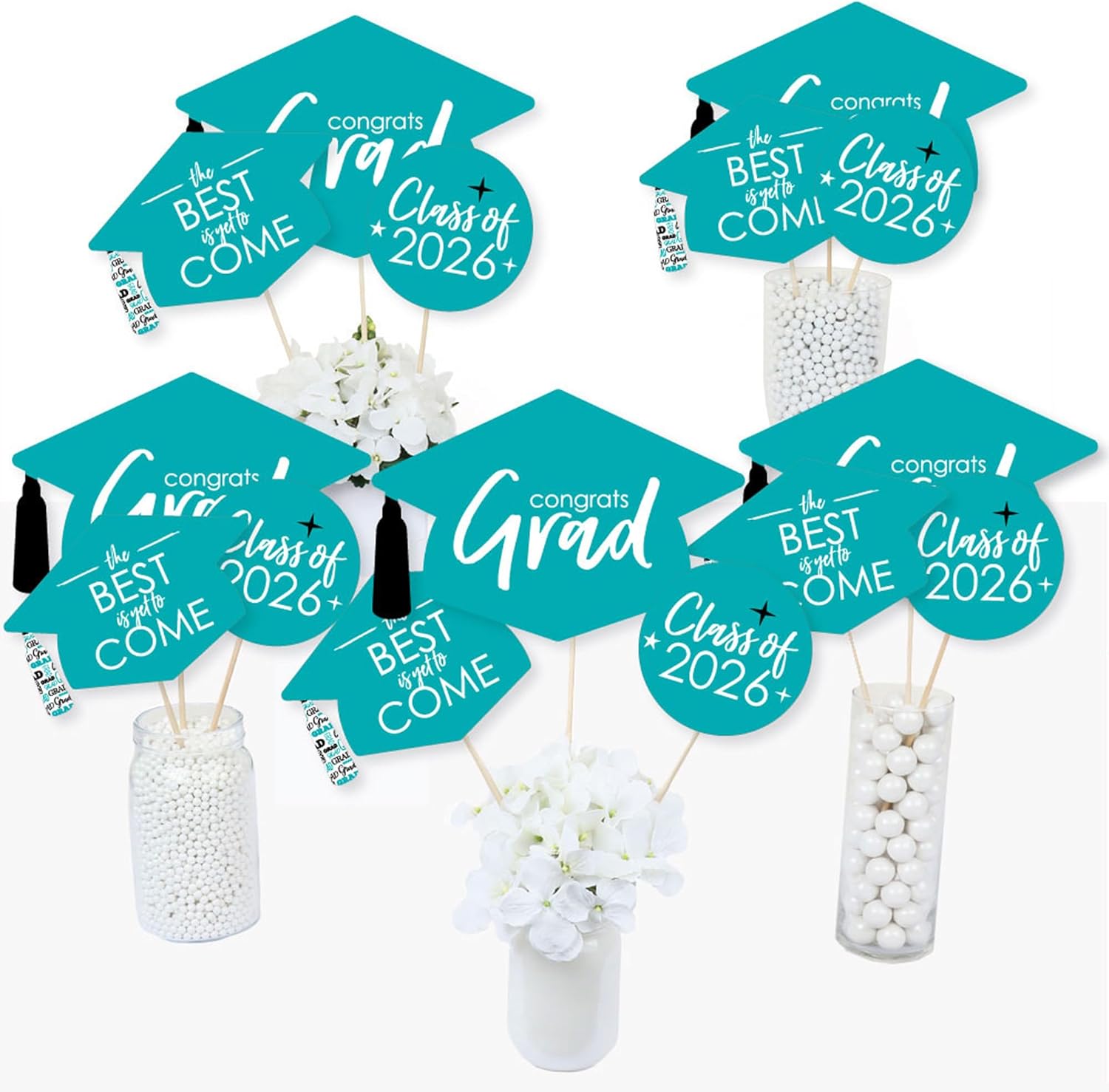Big Dot of Happiness Teal 2026 Graduation Party Centerpiece Sticks - Vibrant Decorations, Class of 2026, Themed Shapes, Party Table Toppers - Set of 15