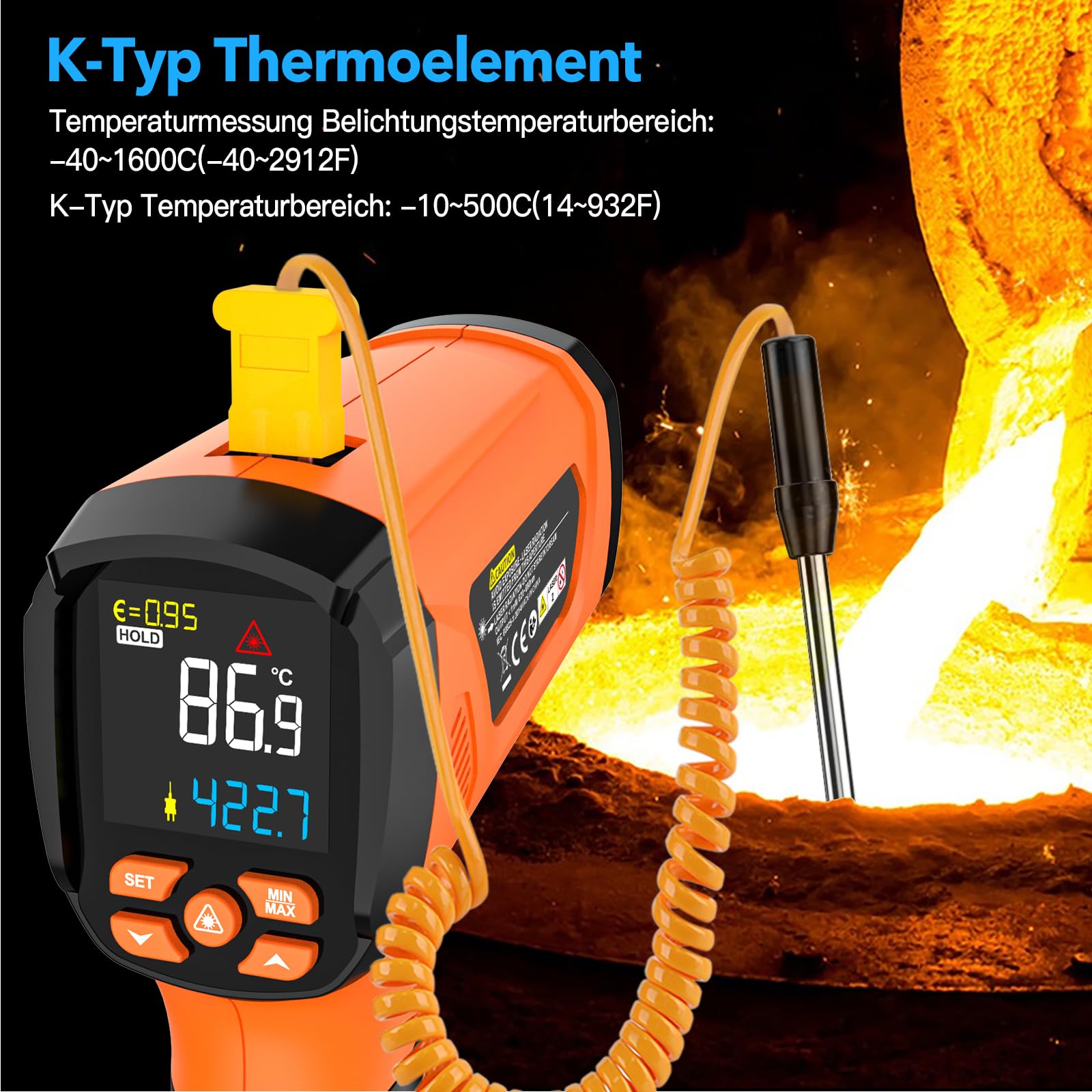 MESTEK Termometro a Infrarossi Digitale -40°C~1600°C con K-Probe Senza Contatto LCD