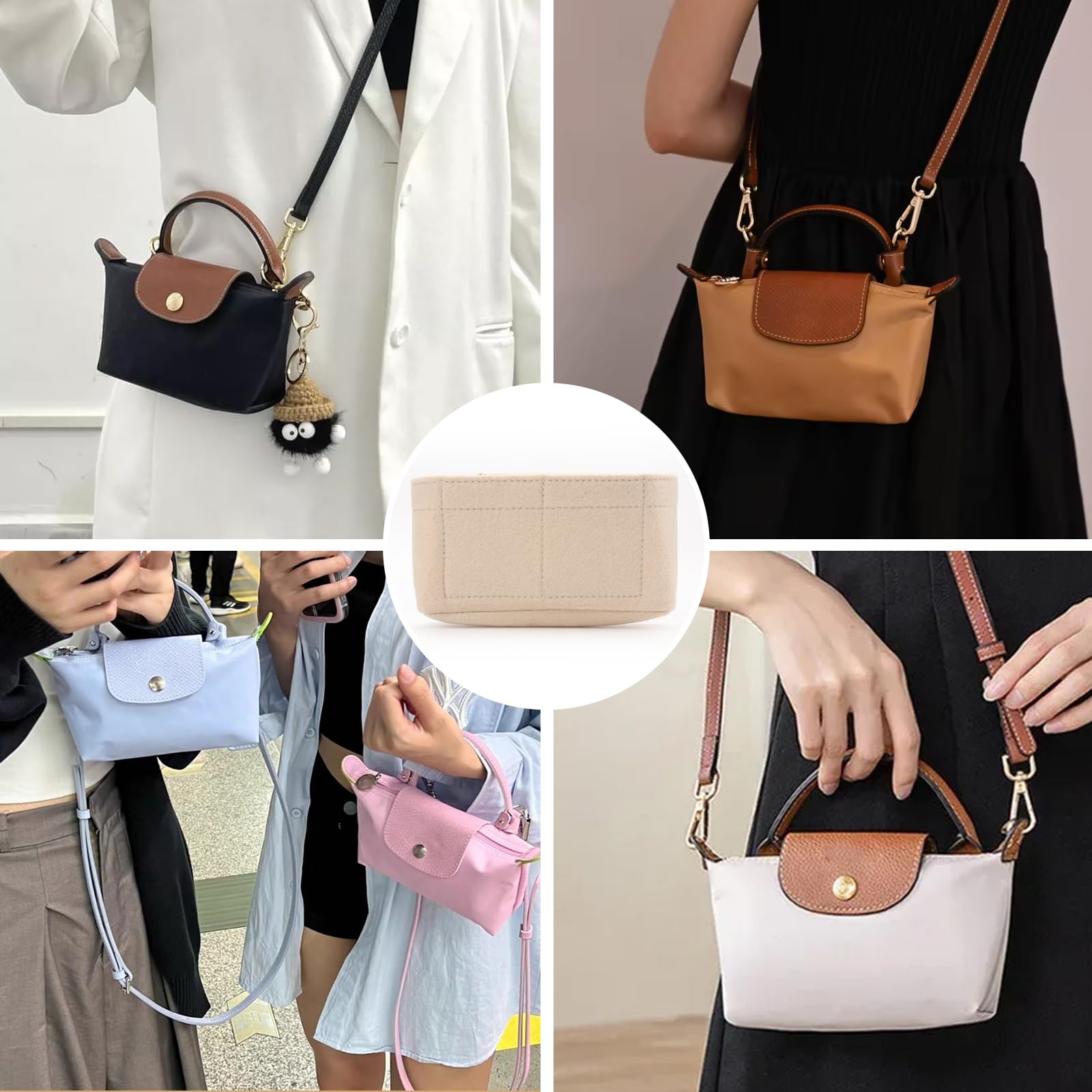 Organizer do torebki Longchamp Le Pliage Mini, z filcu, z wielofunkcyjnymi kieszeniami, duża pojemność