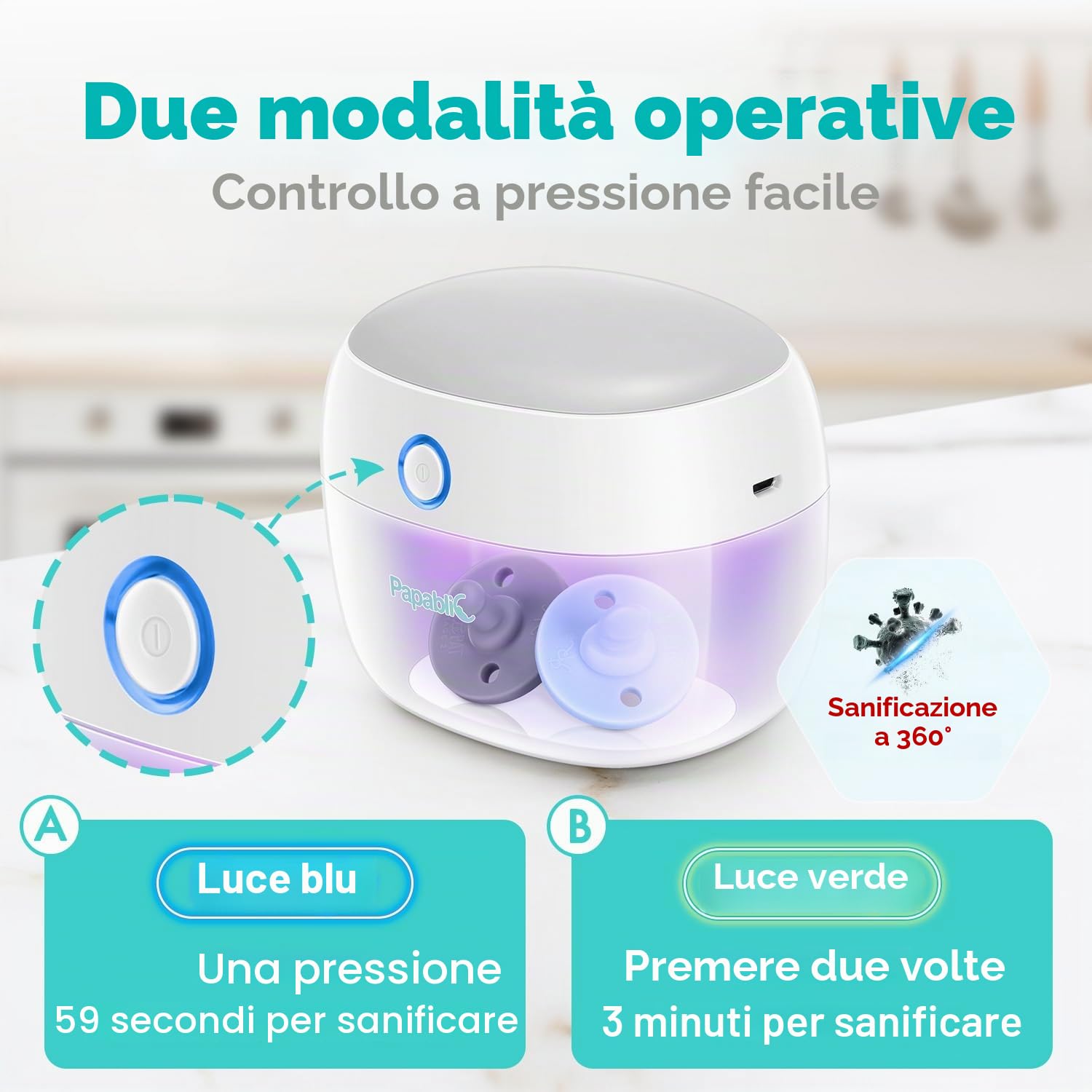 Papablic Igienizzante portatile per ciuccio, con luce UV, per ciuccio, mini scatola disinfettante ricaricabile tramite USB, pulizia al 99,9% in 59 secondi