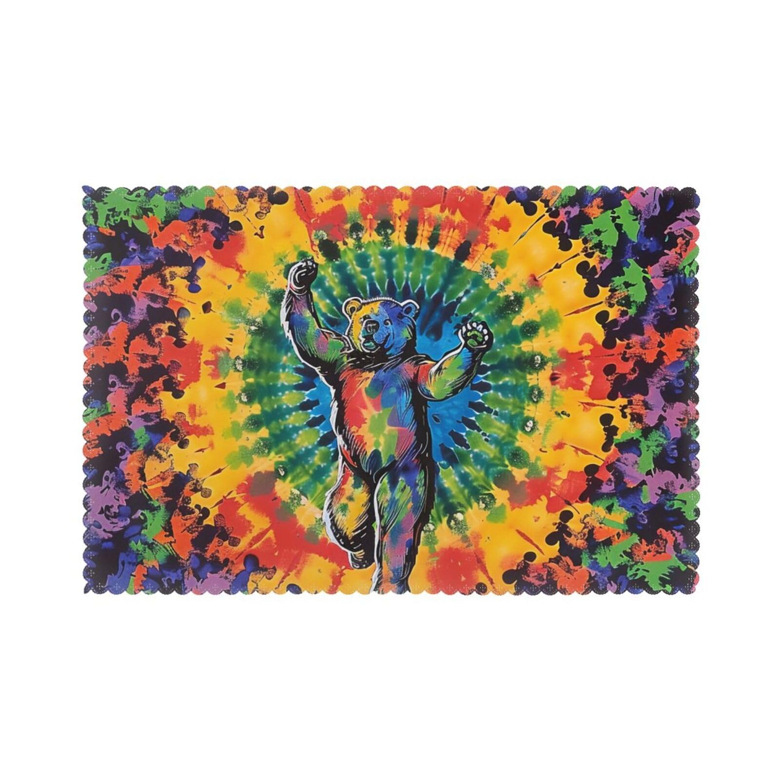 Bear Dancing Tie Dye Printed Placemat Heat Resistant Place Mats Set of 6 PCS Washable Kitchen Table Mats, 12x18 Inch