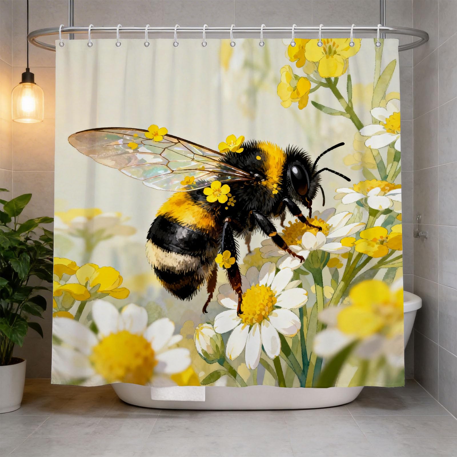 Hongduo White 3D Flower Bee Shower Curtain For Stalls Bathtubs Cartoon Bathroom Decor Shower Curtain Set Polyester Fabric Waterproof 180X180cm/71X71 Inch With Hooks