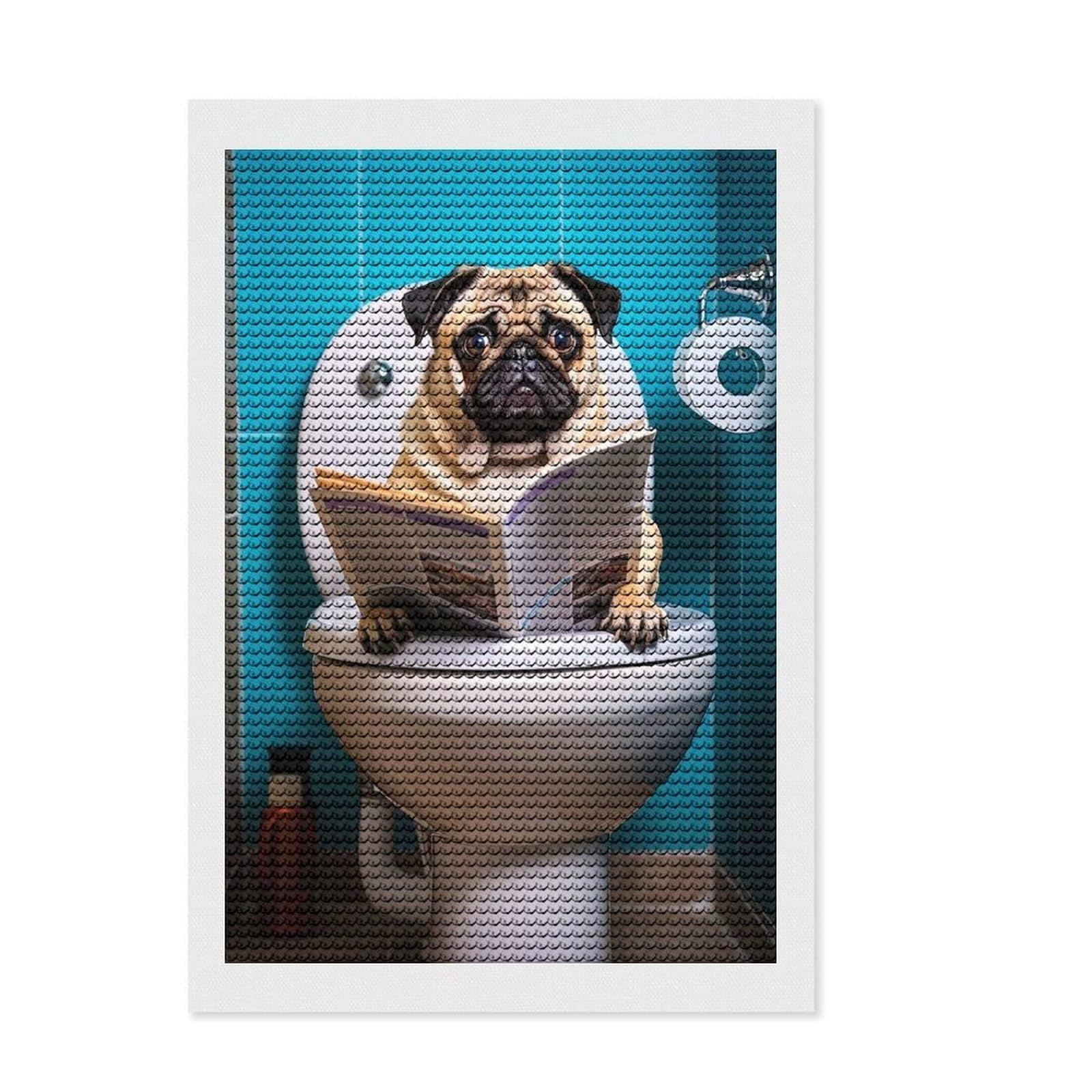 Junmoney Pug Dog on The Toilet Diamond Art Canvas 8"x12", Stress Relief Craft, Neat Printed Canvas, Modern Decor, for Family Craft Time