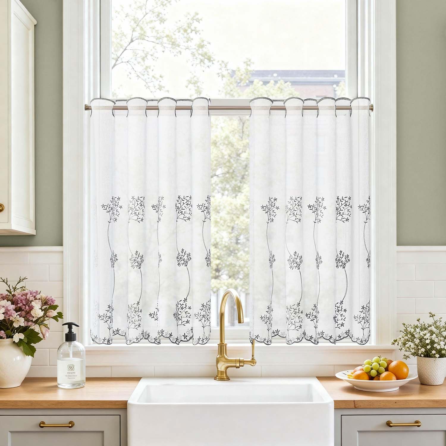 TOPICK Botanical Embroidery Kitchen Curtains with Grey Floral 30 Inch Drop, Light Filtering Privacy Cafe Curtains, Eyelet 2 Panels for Cupboard Base, Sink, Basement, Bedroom, W36 x L30