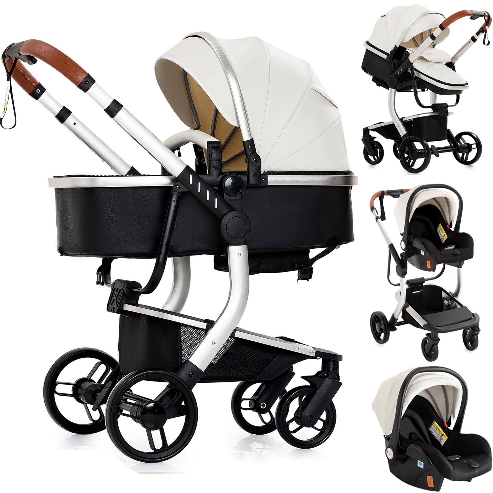 Doraystar Pelle PU Passeggino 3 in 1, Passeggino Trio con Due Modalità di Spinta Reversibile, Trio Passeggino Neonati con Design Pieghevole in Un Clic, Trio Neonato Grande Nacelle Comoda (518 White)