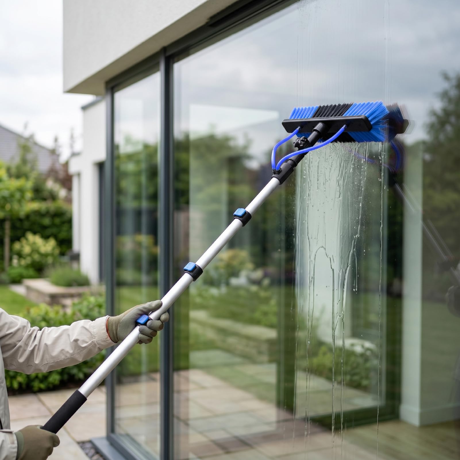 Generic Kit Spazzola per la Pulizia del Pannello Solare di Pulizia delle Finestre con Palo Estensibile Alimentato Ad Acqua da 15 Piedi a 5 Sezioni per Grondaie da Tetto, Soffitti Alti