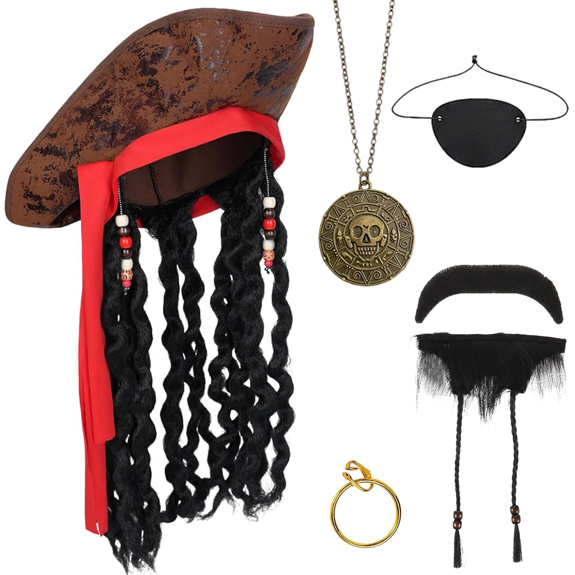 Fictoria Pirate Costume Men Fancy Dress Adults, Pirate Costume Accessories Hat with Hair Dreadlocks Set, Medieval Viking Clothing for Pirate Role Fancy Dress Cosplay Party