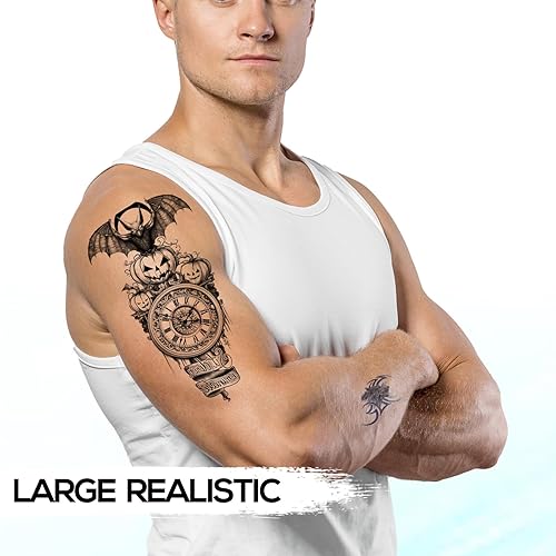 Miniatura 4 de Kotbs Tatuajes de calabaza de murciélago, tatuajes temporales de calavera de Halloween para hombres, mujeres y adultos, calcomanías de tatuaje falso