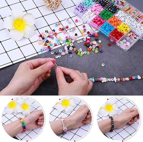 Miniatura 7 de shynek - Kit para hacer pulseras de cuentas, kit de pulseras de la amistad con cuentas de poni, cuentas de letras y cuerda elástica para pulseras y