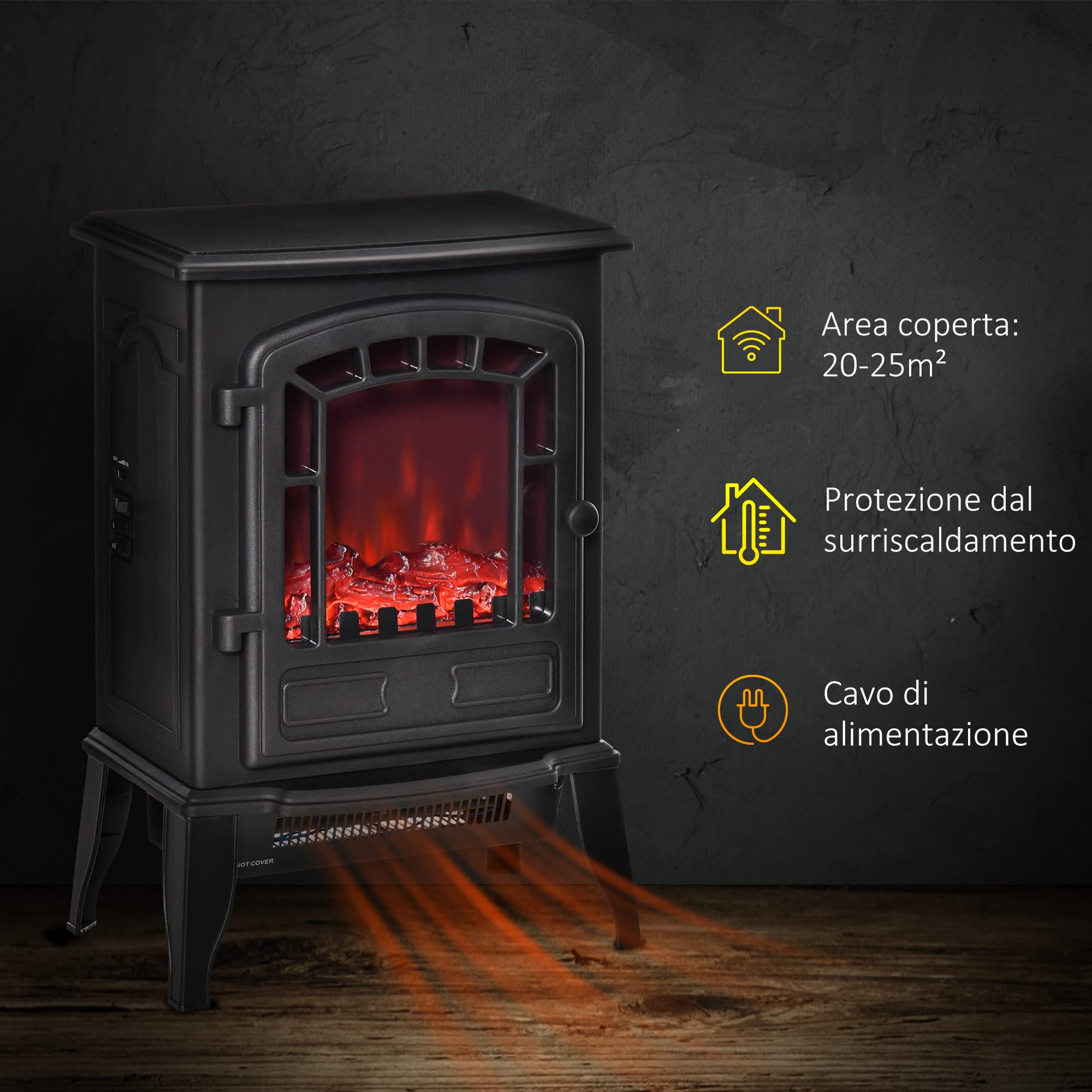 HOMCOM Camino Elettrico con Effetto Fiamma, Caminetto Elettrico 1000/2000 W con Temperatura Regolabile e Protezione da Surriscaldamento, Copertura 20-25m², 39x24x56.5cm, Nero