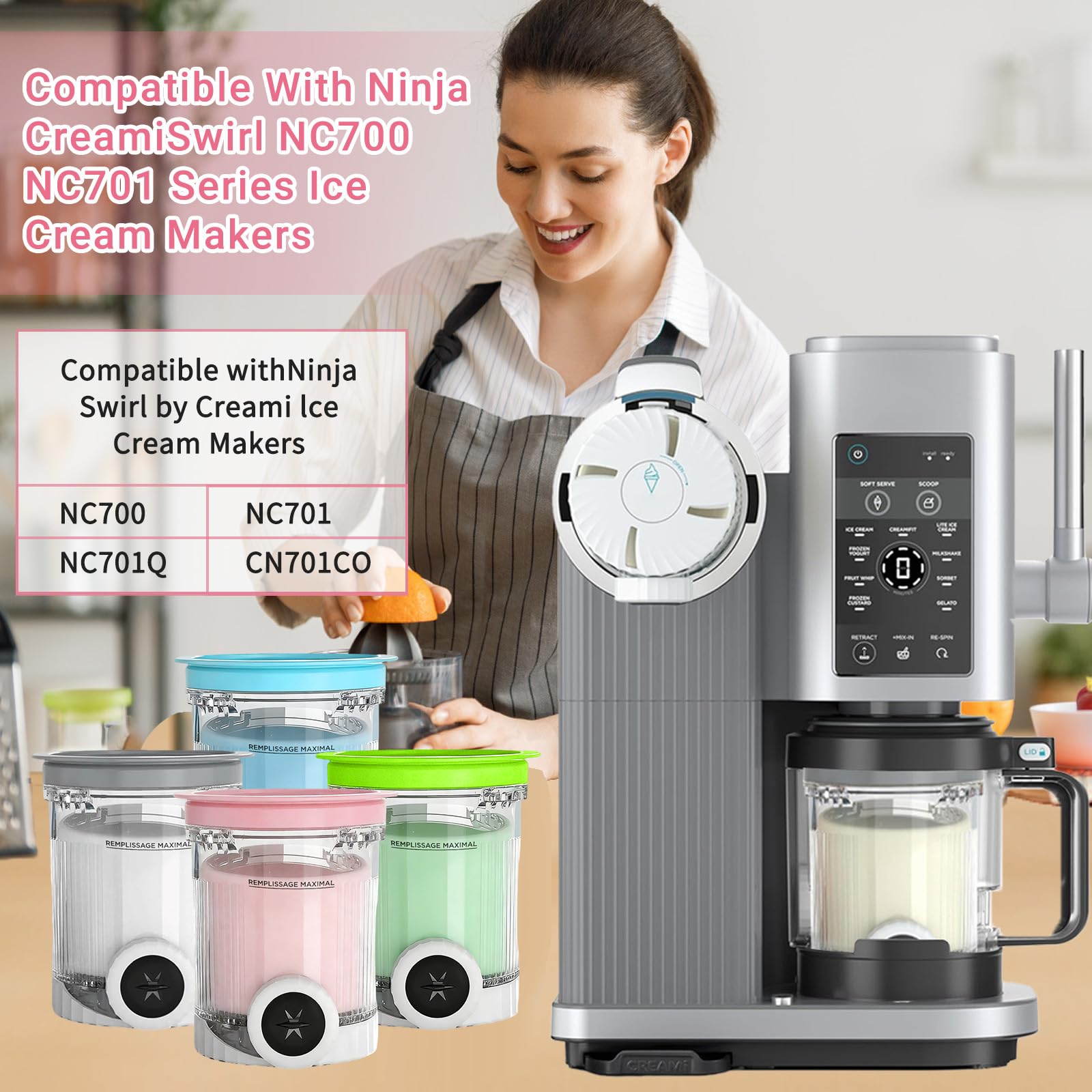 DAZZTIME Behälter für Ninja Creami Deluxe Pints,4 Stück Ersatz für Ninja Creami Deluxe Pints und Deckel,Eisbehälter für Speiseeis,Eismaschine Zubehör,Kompatibel mit NC700/NC701 Series Swirl Eis