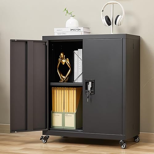 Miniatura 37 de LUCYPAL Armario de almacenamiento de metal con 2 puertas de bloqueo y 2 estantes ajustables, gabinete de almacenamiento con cerradura de acero para