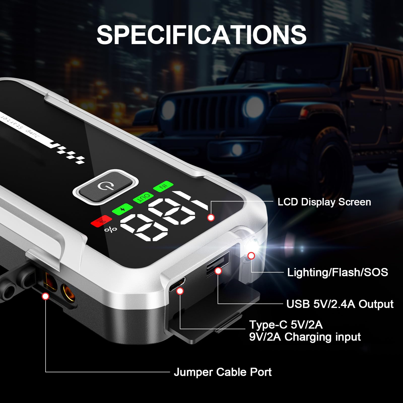 Booster do Akumulatora Samochodowego 7000A Rozrusznik Samochodowy 12V (do Wszystkie Benzyna lub 10L Diesel) Jump Starter z Lampką LED Ekranem LCD do Pojazdów 12V Auto Moto SUV Ciężarówka