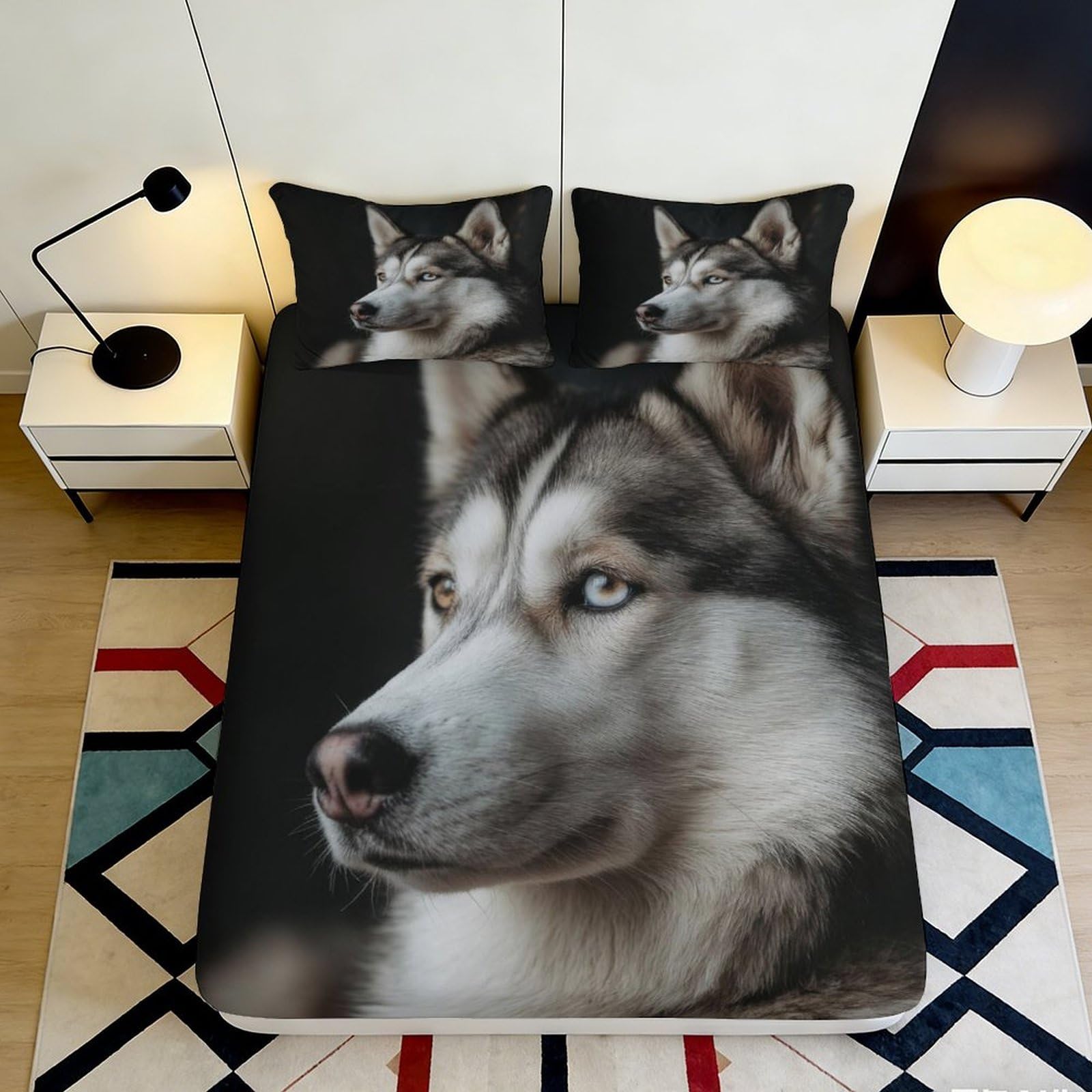 3D Printed Husky Wolf Fitted Sheet Microfiber Soft Anti-Slip Bedroom Decor Wolf Mattress Cover for Home Guest Room 90x200x25cm