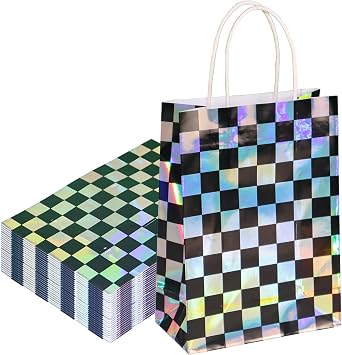 W WINTMING 20Pcs Iridescent Party Favor Bags Black and White Checkered Gift Bags Reusable Laser Plaid Goodie Bag Holographic Paper Bag with Handles for Race Car Birthday Party Supplies