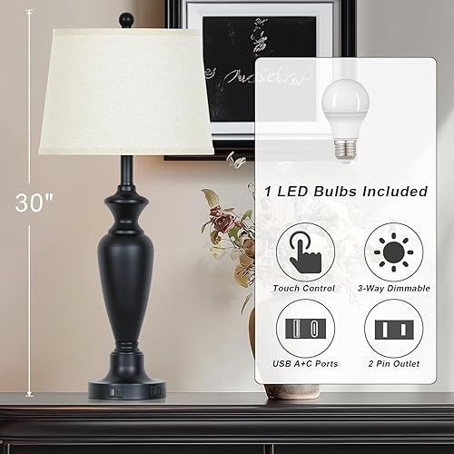 Miniatura 2 de Lámpara de mesa negra de 30 pulgadas de alto, lámpara de noche de control táctil regulable de 3 vías con USB A+C y salida de CA para dormitorio,