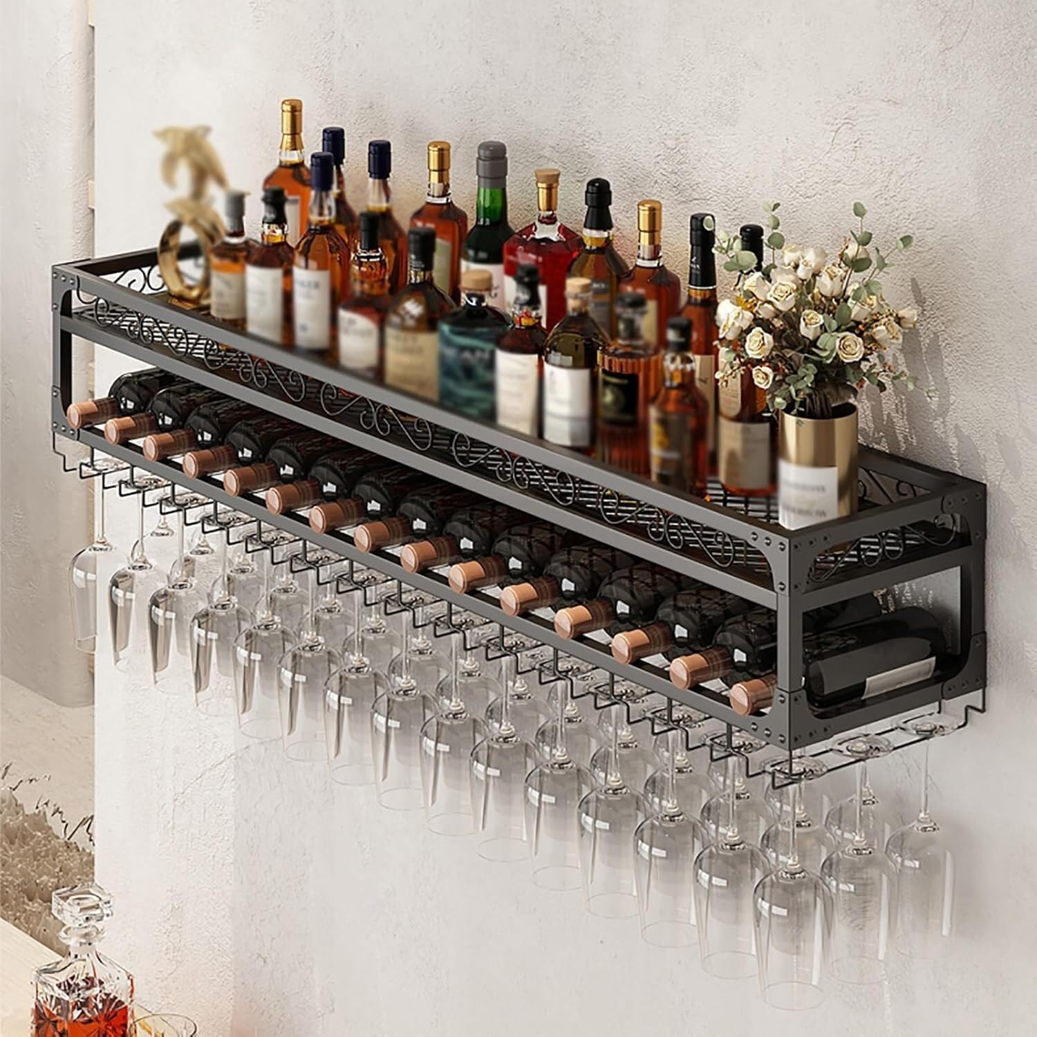 Présentoir à vin mural noir en métal avec porte-verres suspendu 80cm