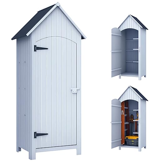Outsunny Wooden Garden Shed Outdoor Garden Cabinet with Roof Roof 3 Shelves Door with Latch Outdoor Storage and Storage for Terrace 77.5 x 54 x 179.5 cm White