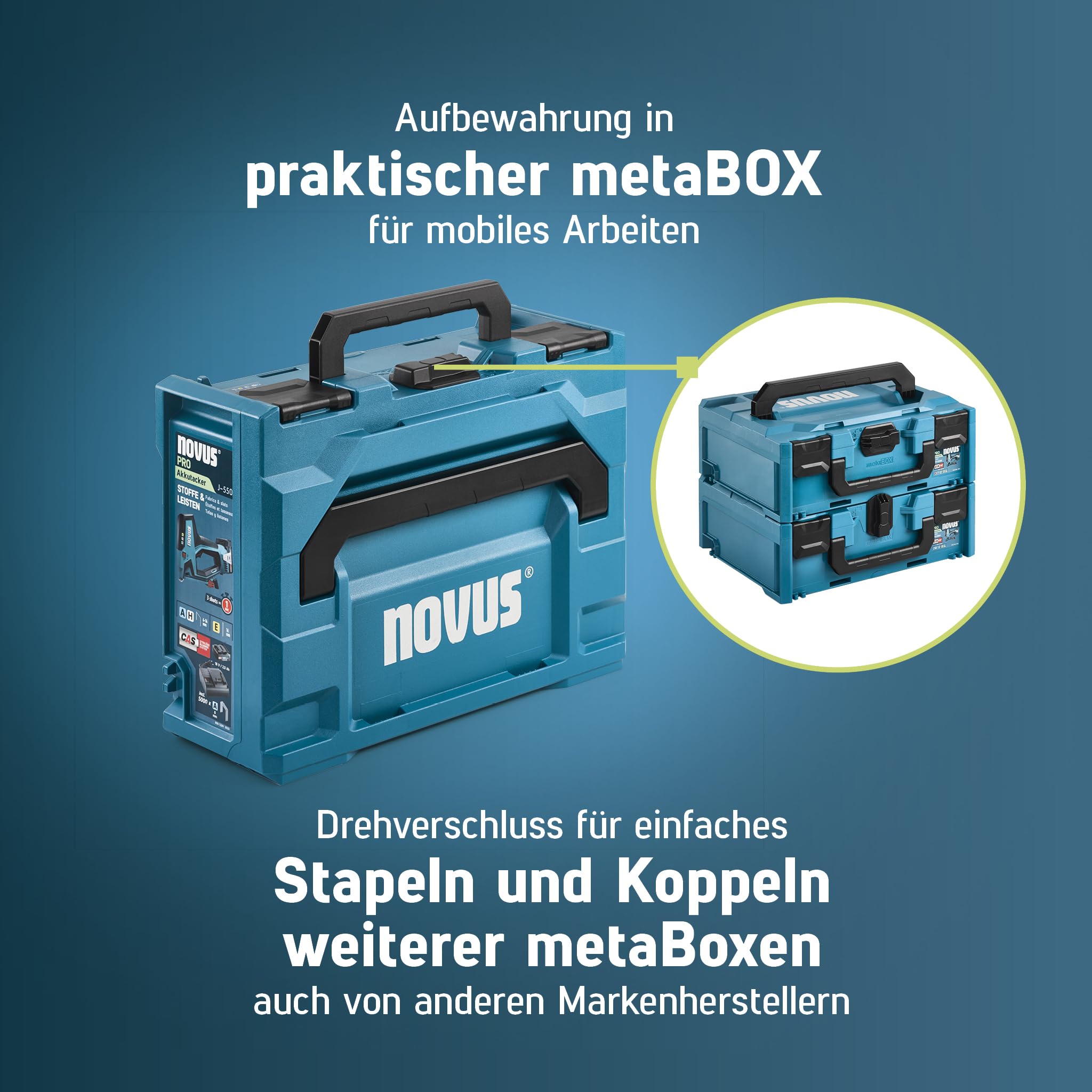 NOVUS TOOLS Zszywacz akumulatorowy J-550 kompletny zestaw z 25 000 zszywkami │ metaBOX │ do zszywek z cienkiego drutu 6-14 mm i gwoździ 16 mm │ kompatybilny z akumulatorem litowo-jonowym 18 V CAS │