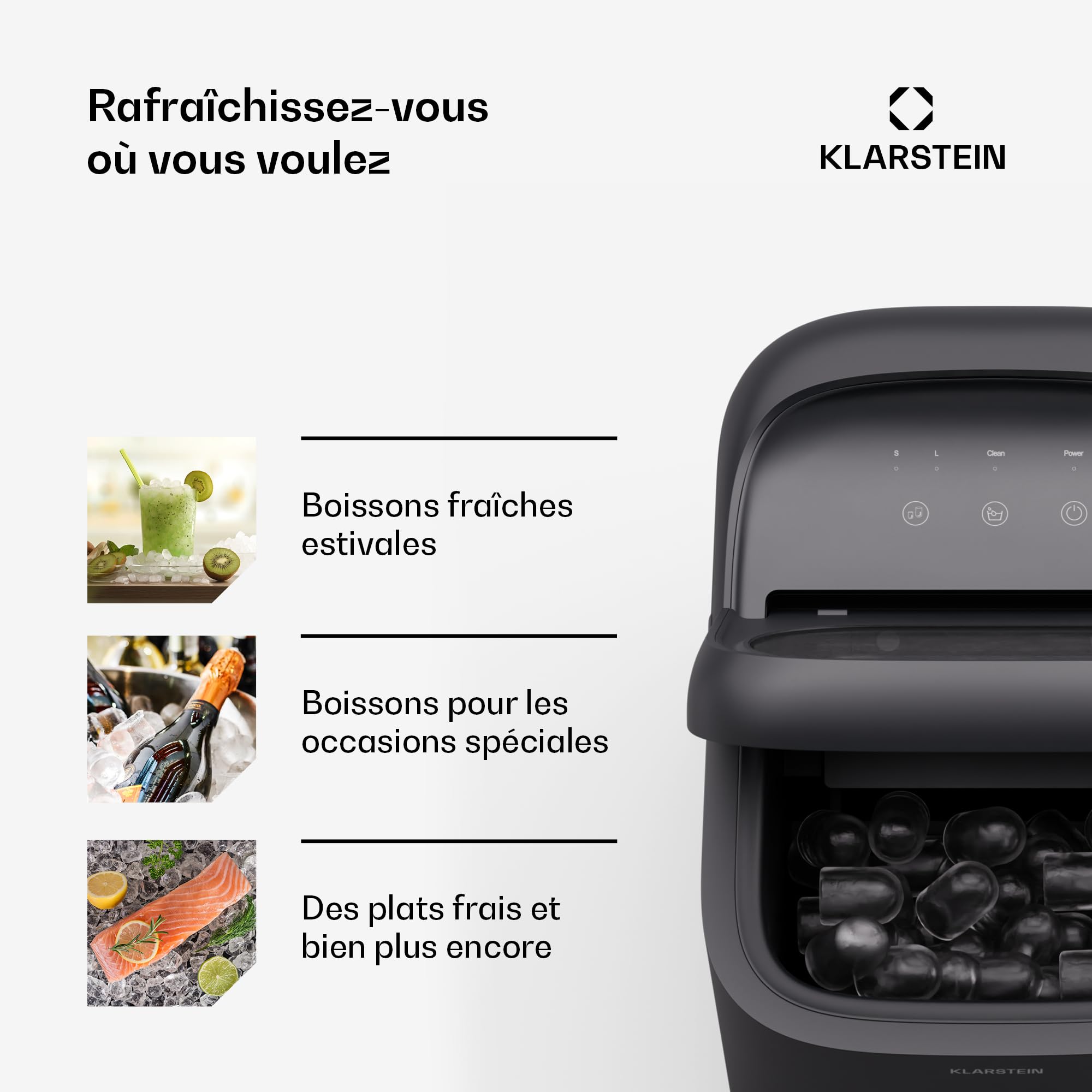 Klarstein SparkIce machine à glaçons - 15 kg/24 h, 6 min, 2 tailles, nettoyage auto, tactile, pelle incluse, à glaçons maison, petite machine, noir
