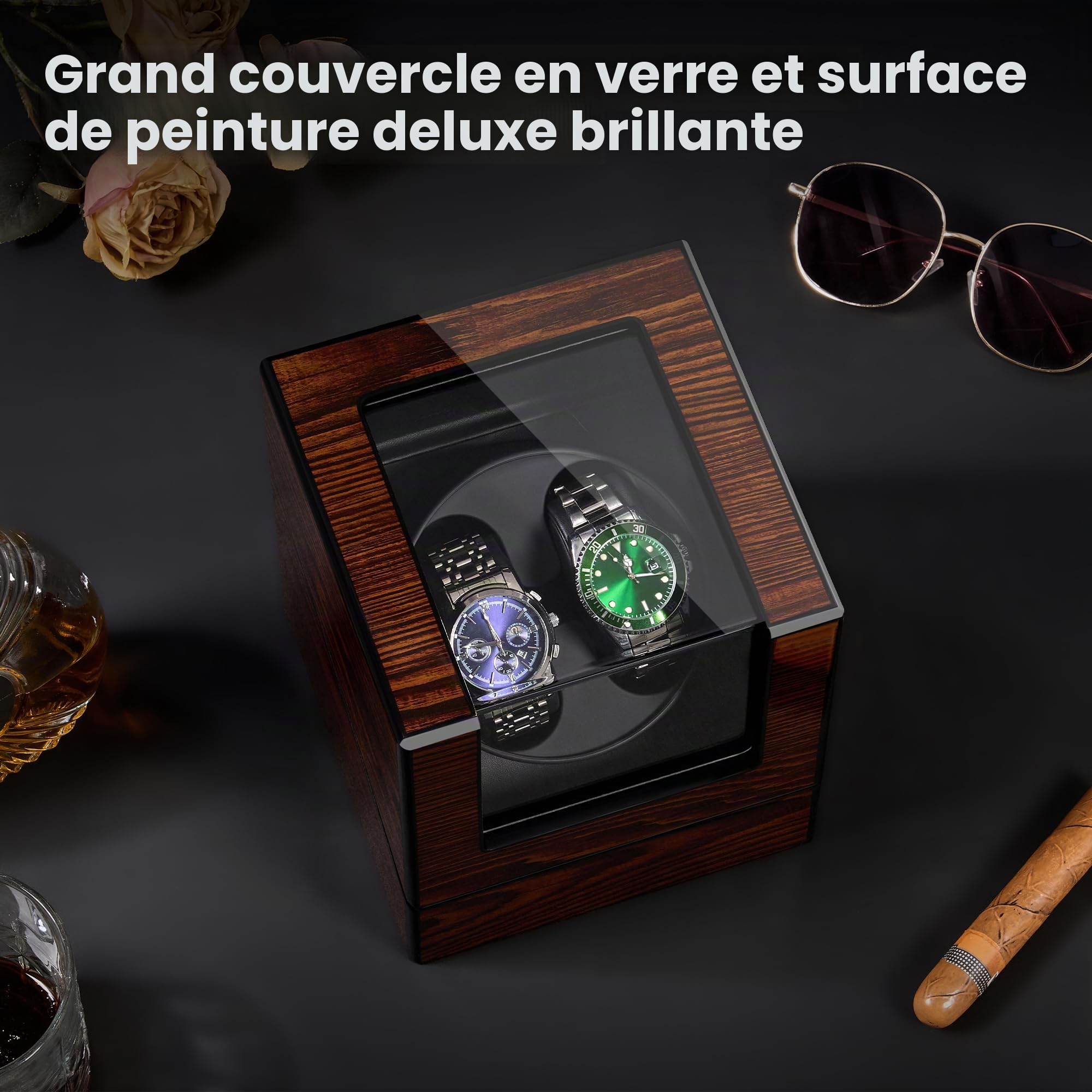 BEWISHOME Remontoir Montre Automatique avec éclairage LED, Boite Remontoir pour Montre Automatique avec Moteur Silencieux, 4 Modes, Alimentation par Batterie ou Adaptateur Type-C, ESYQ02Y