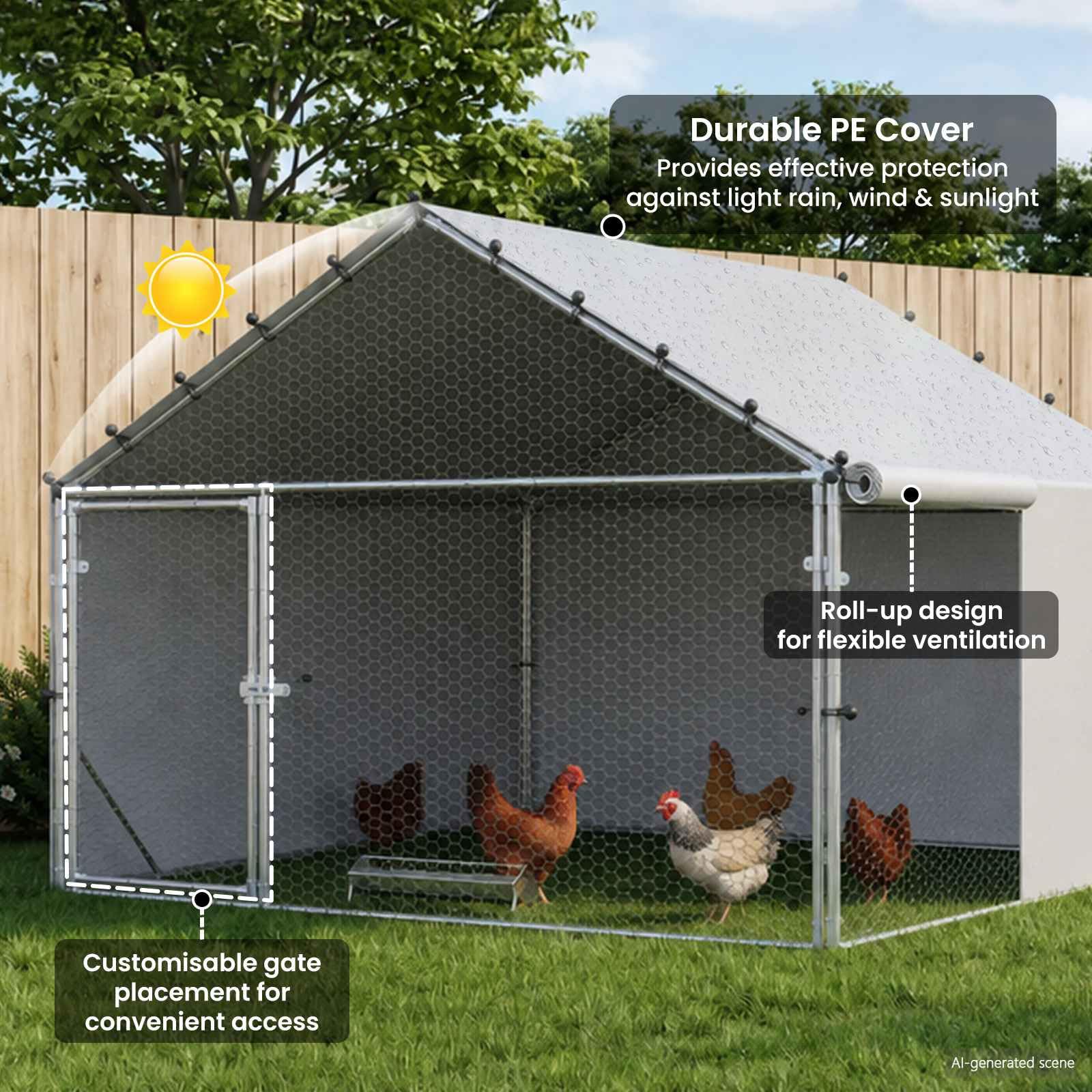 vidaXL Gallinero con techo plateado 200 x 200 x 150 cm, gallinero con puerta, acabado repelente al agua, resistente a la intemperie, espacioso, resistente recinto para animales, jaula resistente para