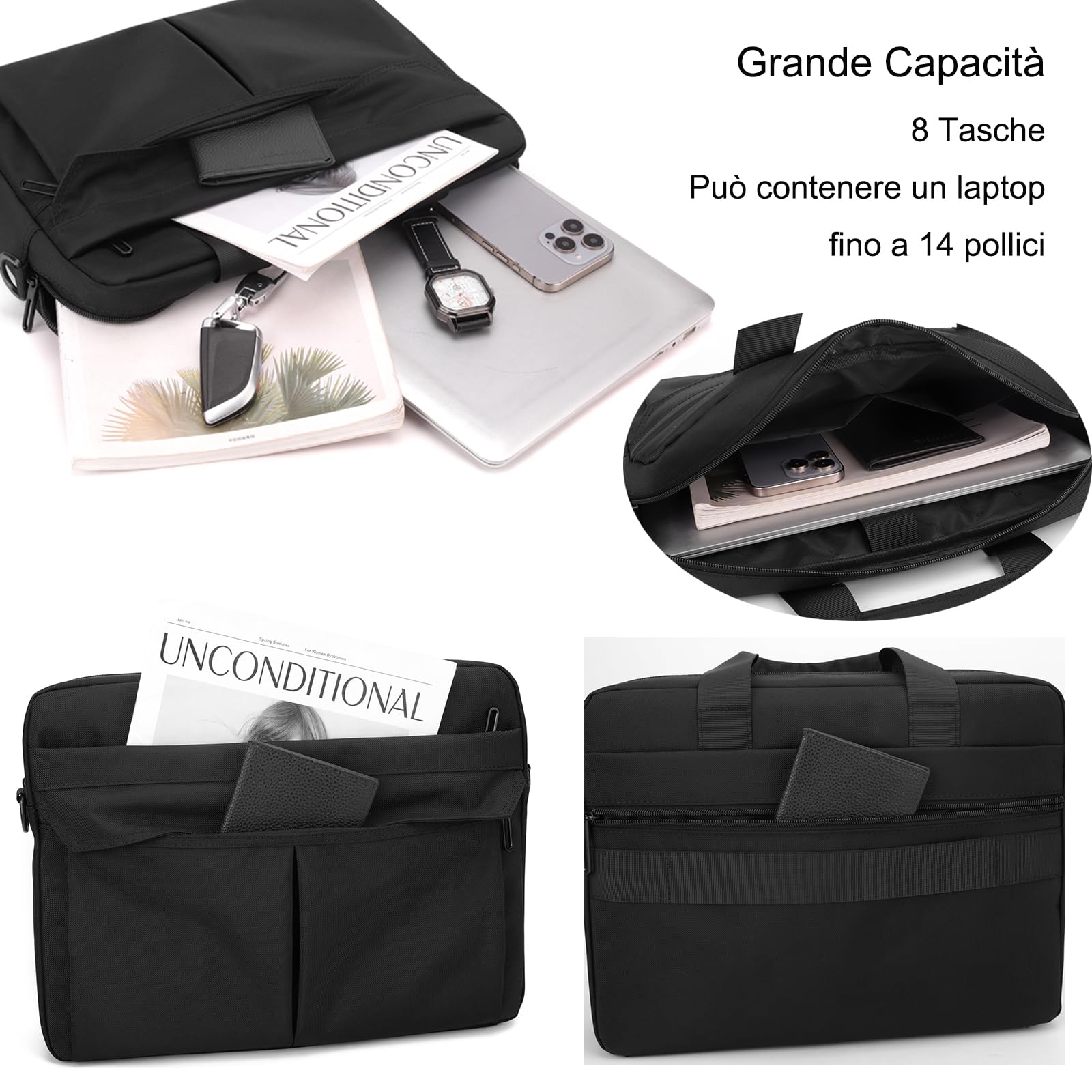 zhongningyifeng Borsa a tracolla per computer portatile da 14 pollici, in nylon leggero, impermeabile, per lavoro, studio, viaggio