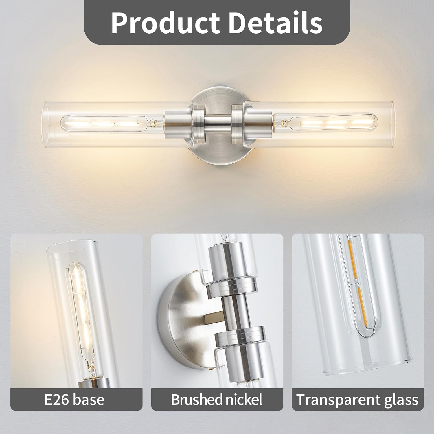 Lanhall 2 Light Bathroom Wall Sconces Set of 2,Modern Farmhouse Brushed Nickel Bathroom Light Fixture Over Mirror with Clear Glass Shade,Vanity Light for Hallway Cabinet Bedroom Stairway Porch