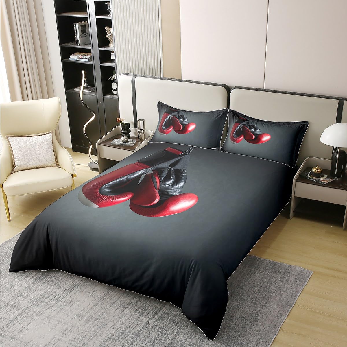 Homewish Natural Cotton Boxing Duvet Cover,Sports Theme Bedding Set for Boys Men,Red Boxing Gloves Pattern Comforter Cover Single,Pugilism Games Bed Sets with 1 Pillowcase Breathable - Image 2